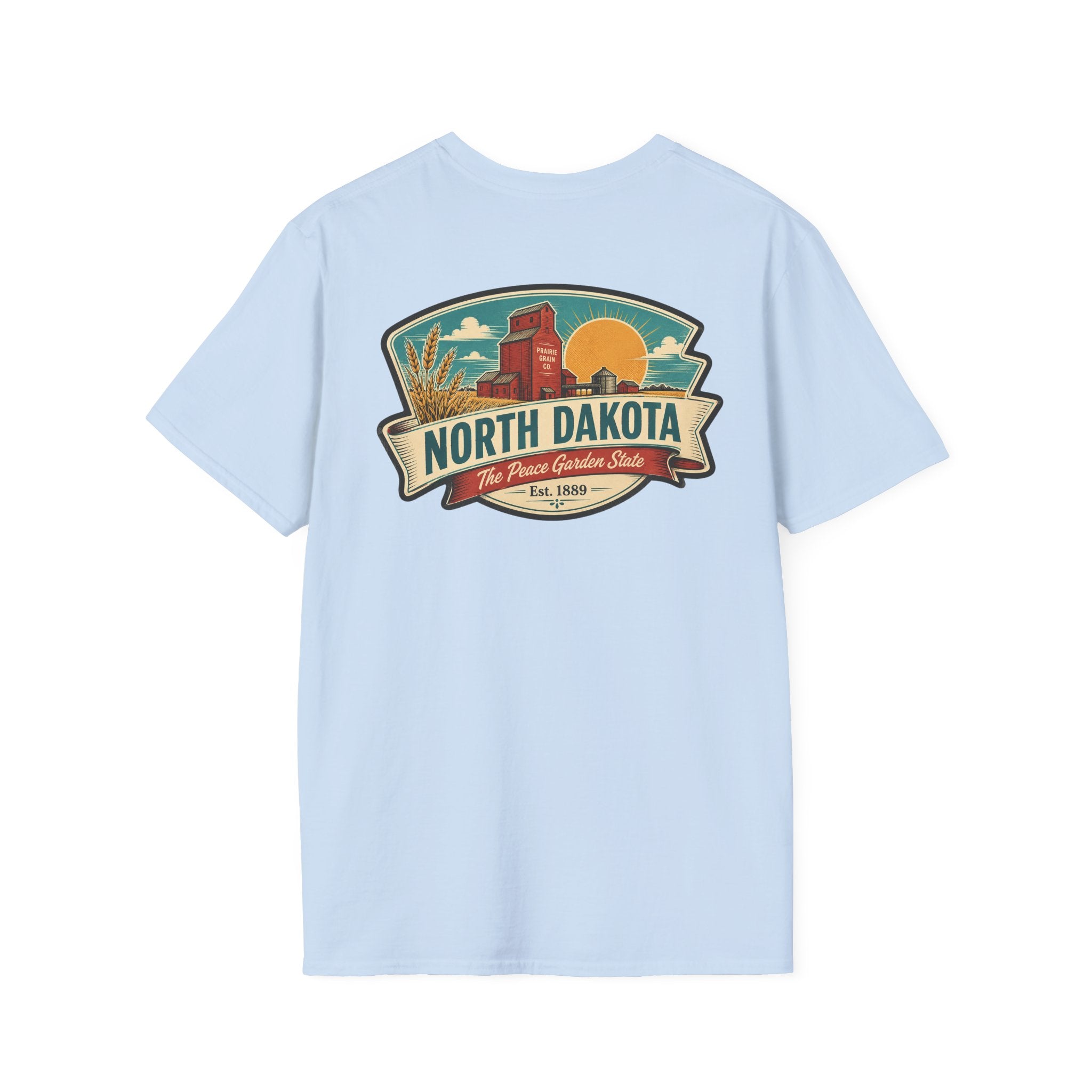 Light blue T-shirt with North Dakota logo graphic on the chest