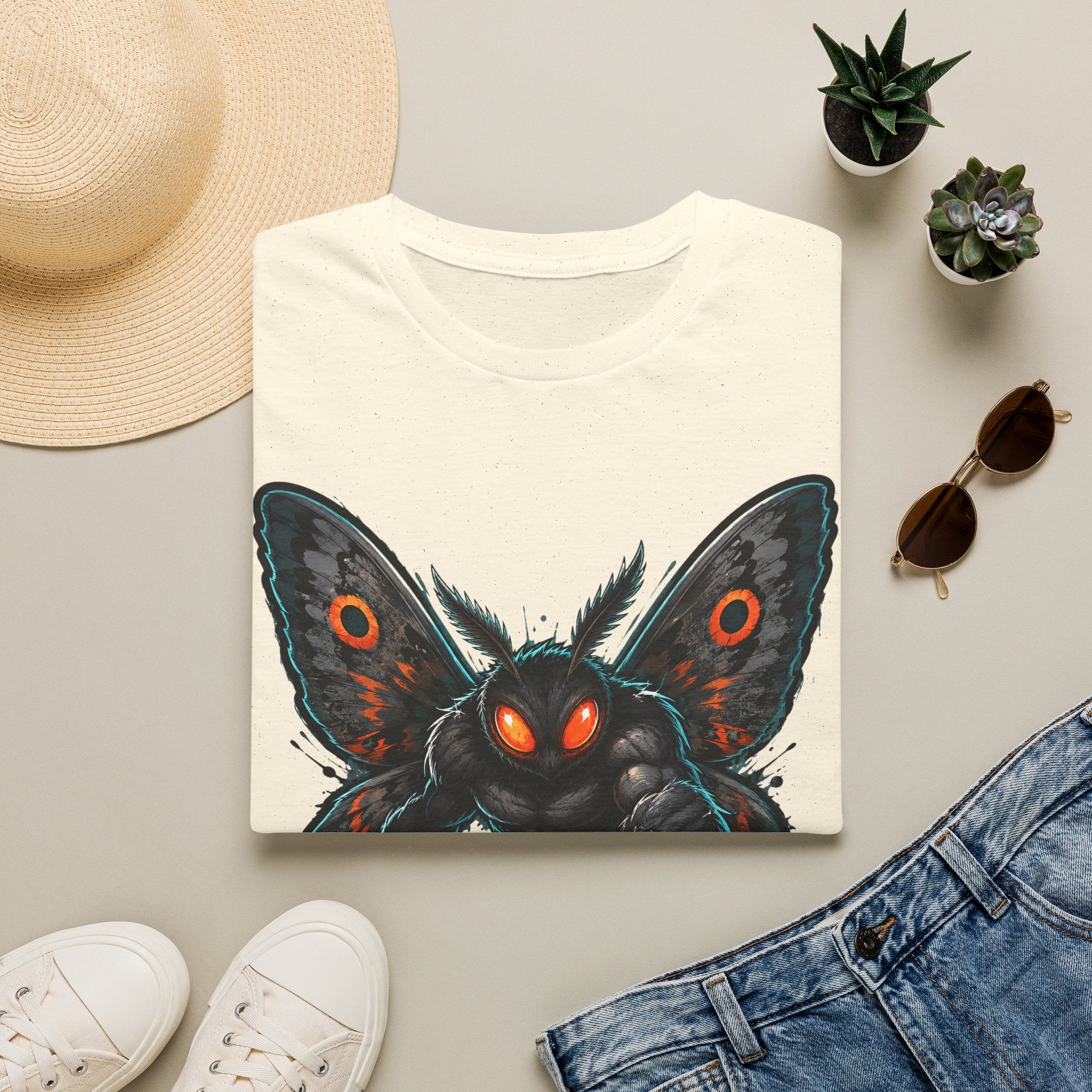 White graphic monster moth t-shirt with glowing red eyes and spread wings