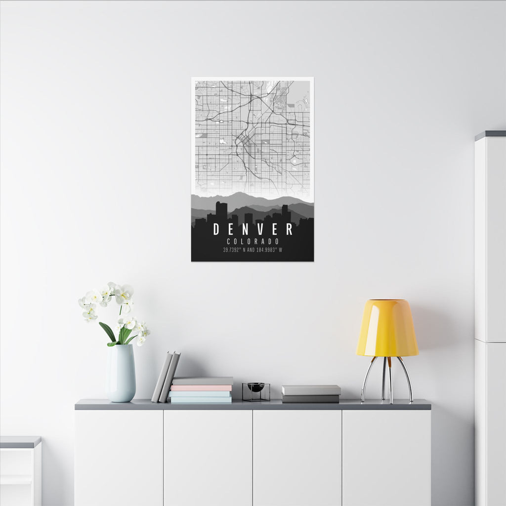 Denver skyline map canvas centered on a wall; “DENVER COLORADO” with latitude/longitude.