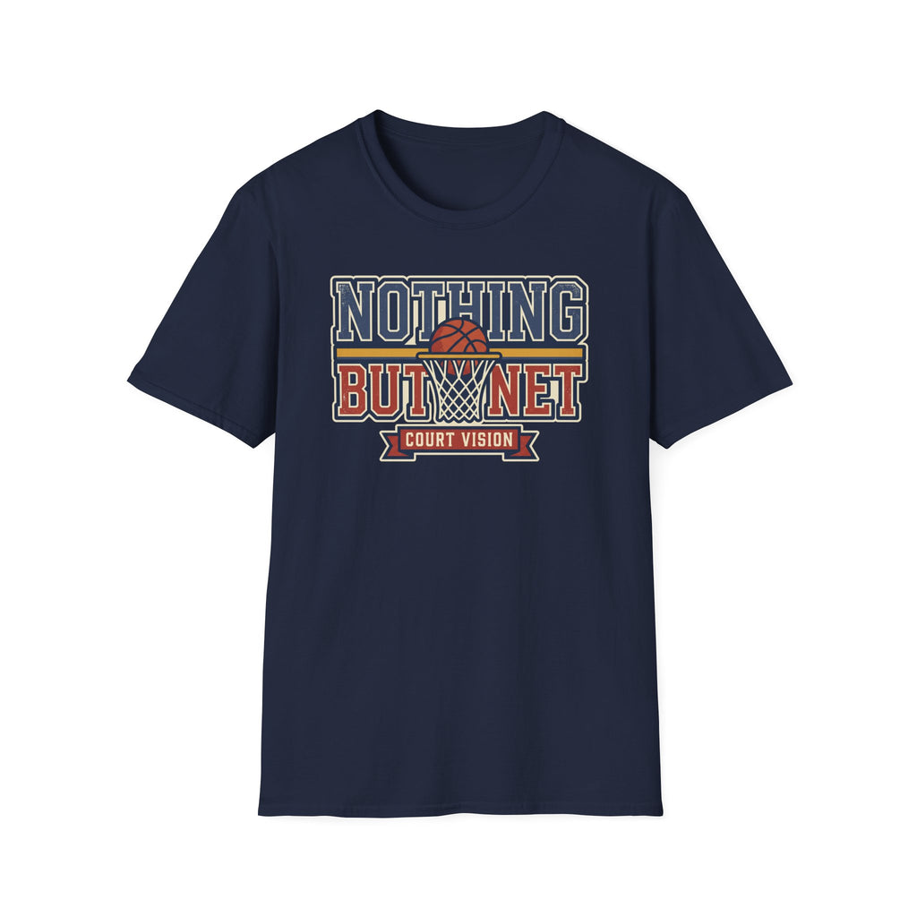 Navy crewneck T-shirt with Nothing But Net court vision graphic print