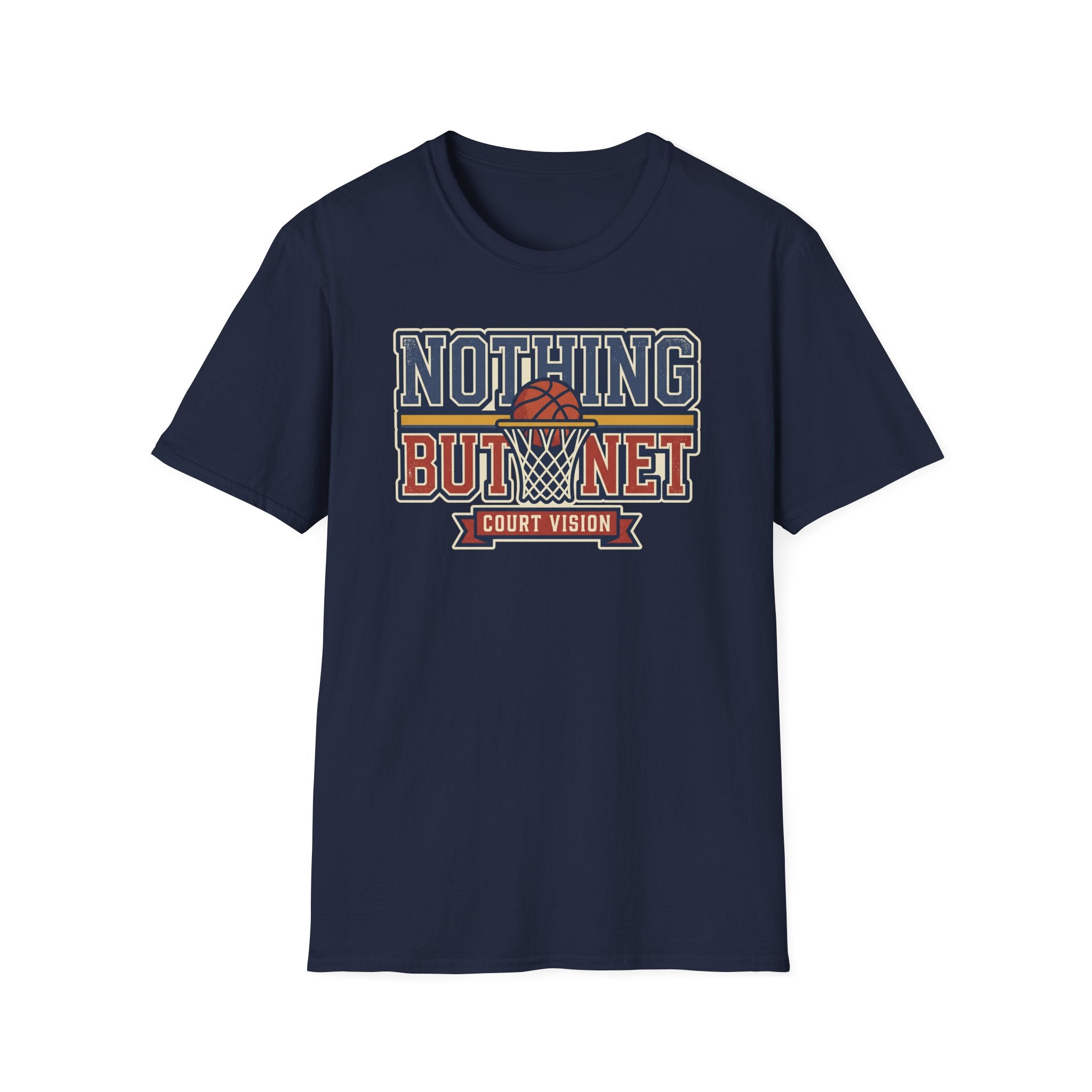 Navy crewneck T-shirt with Nothing But Net court vision graphic print