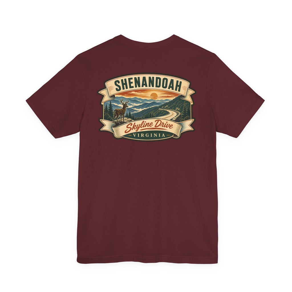 Burgundy crew-neck T-shirt with Skyline Drive Virginia landscape graphic on the back.