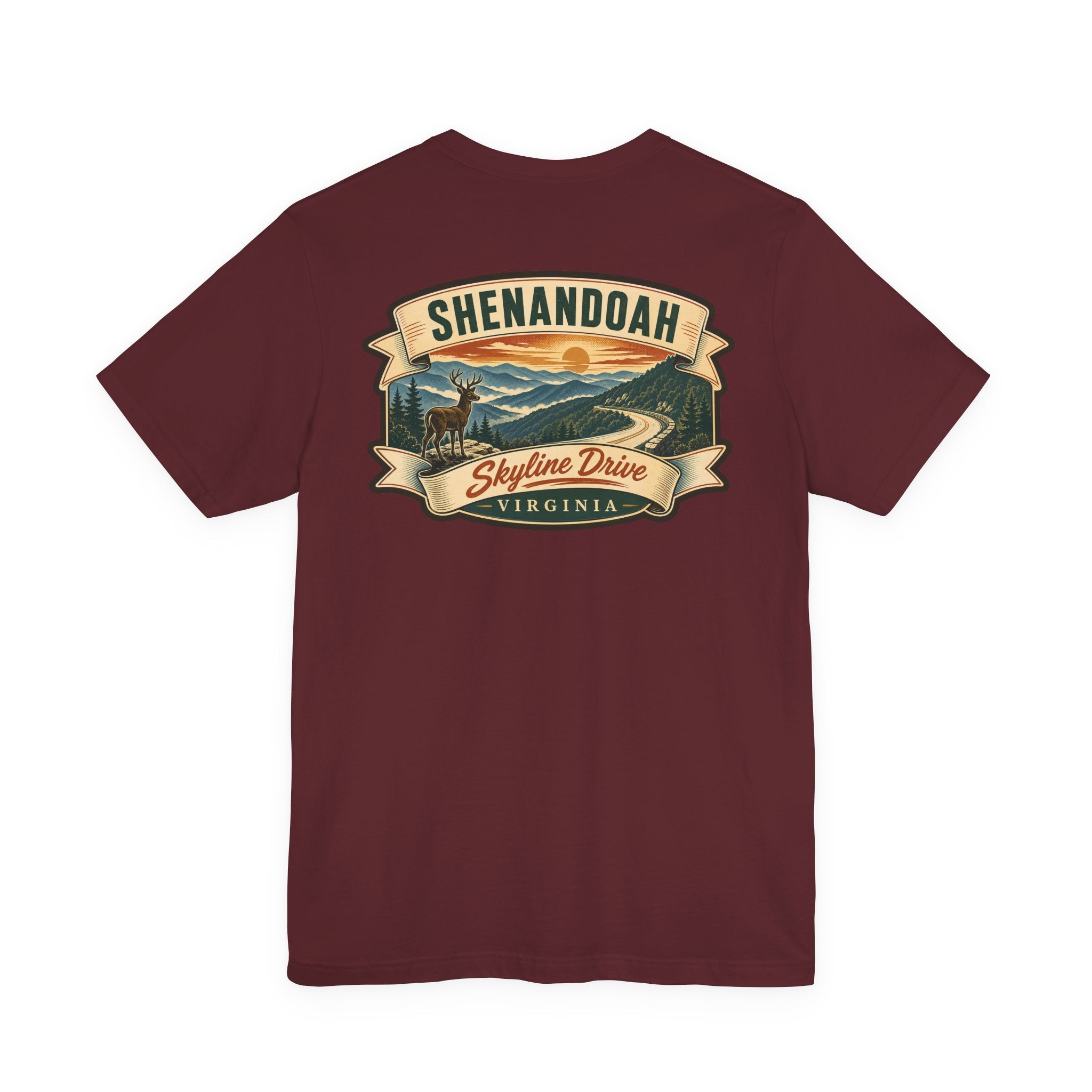 Burgundy crew-neck T-shirt with Skyline Drive Virginia landscape graphic on the back.