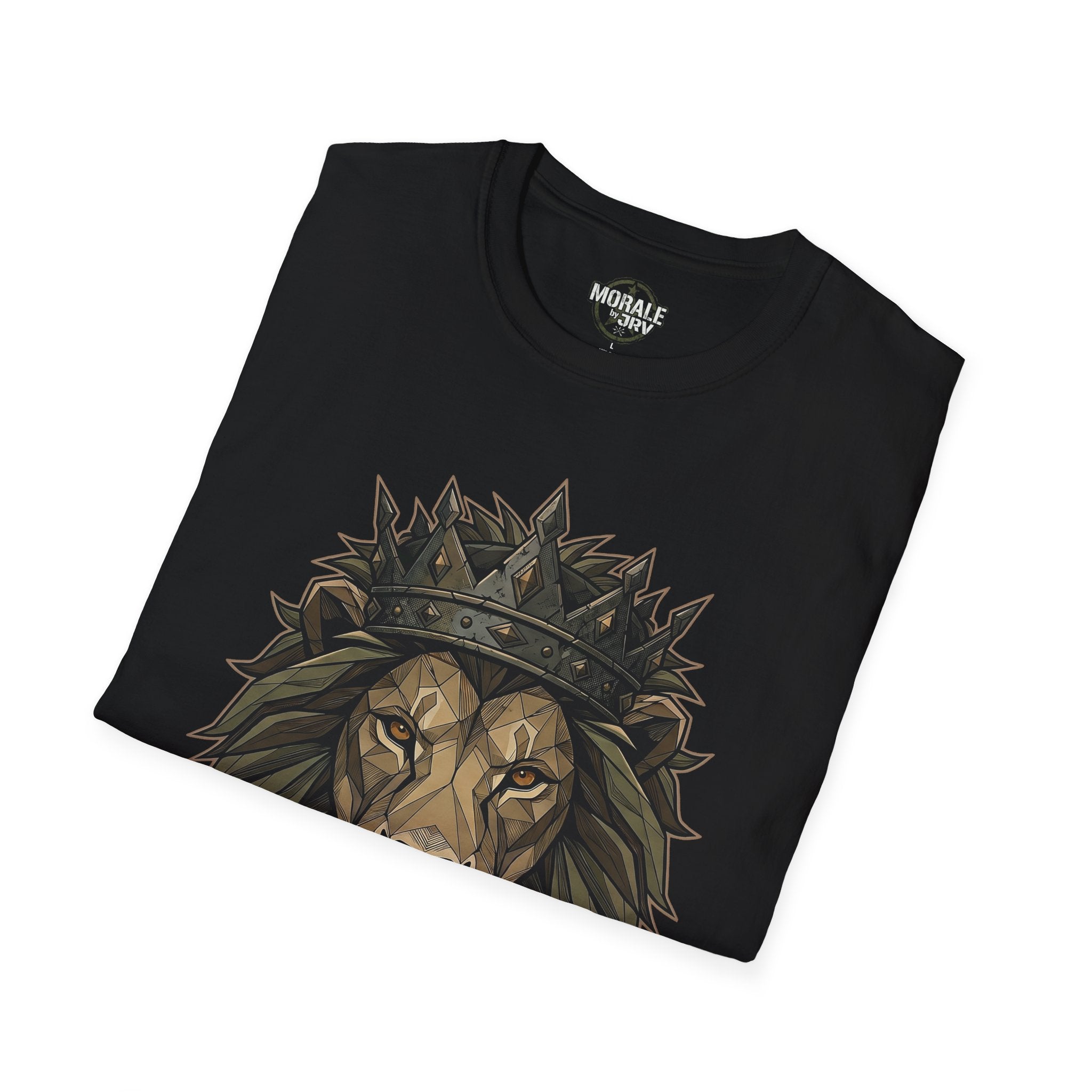 Regal Lion T-Shirt in black, crowned lion head graphic print on front