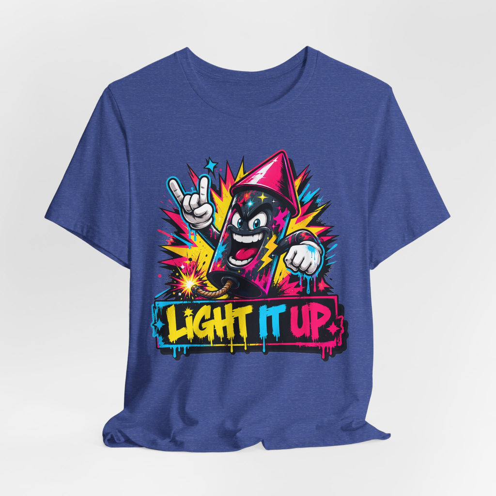 Heather blue crewneck T-shirt featuring colorful cat with “Light it up” graffiti text