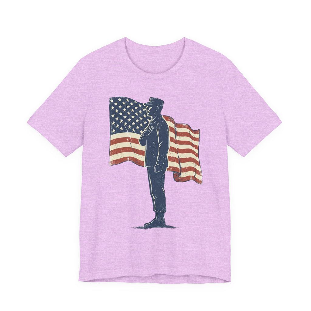 Lavender crewneck T-shirt with saluting soldier and American flag graphic