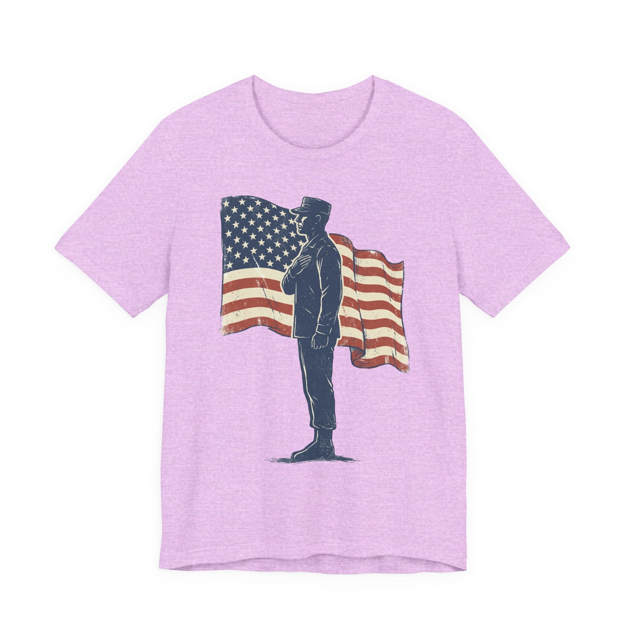 Lavender crewneck T-shirt with saluting soldier and American flag graphic