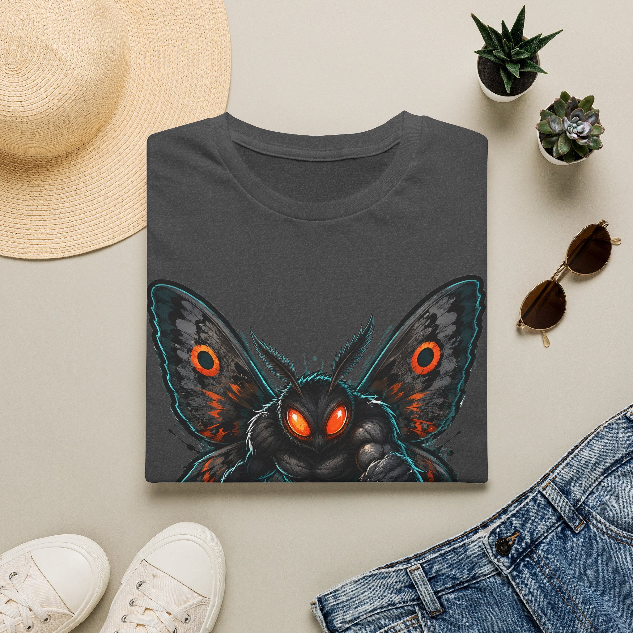 Dark gray graphic monster moth t-shirt with glowing red eyes and spread wings