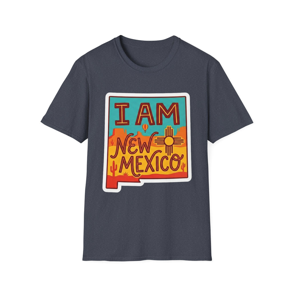 Dark heather T-shirt with 'I AM New Mexico' Zia sign graphic