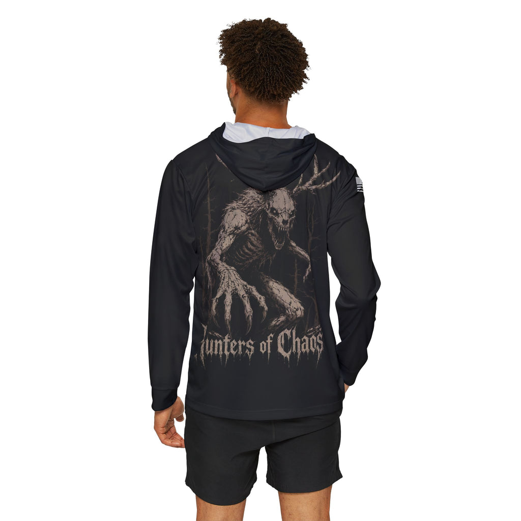 Black thin sport hoodie on model, with back deer graphic and Hunters of Chaos text.