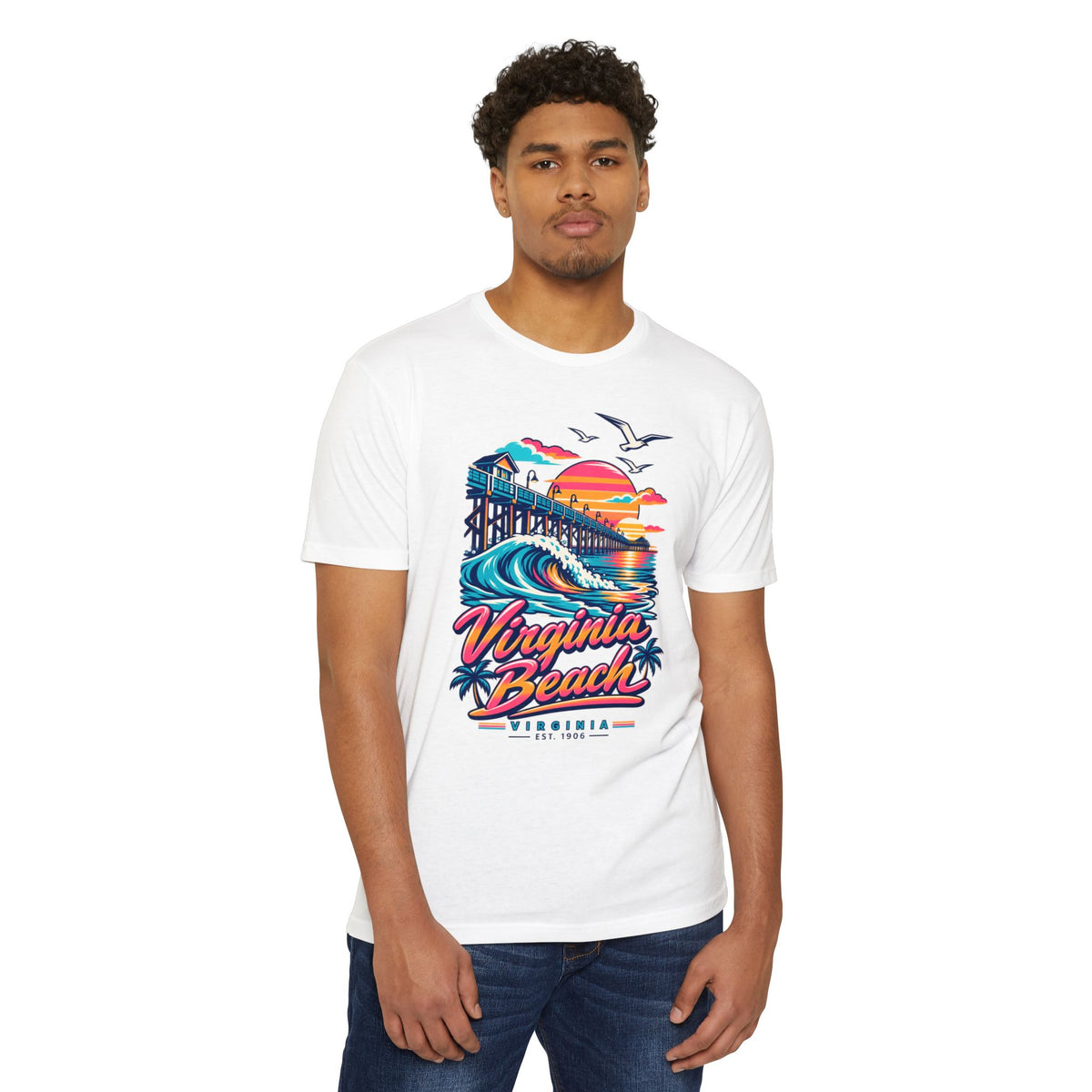 White graphic T-shirt with colorful pier waves, seagulls, and “Virginia Beach” logo