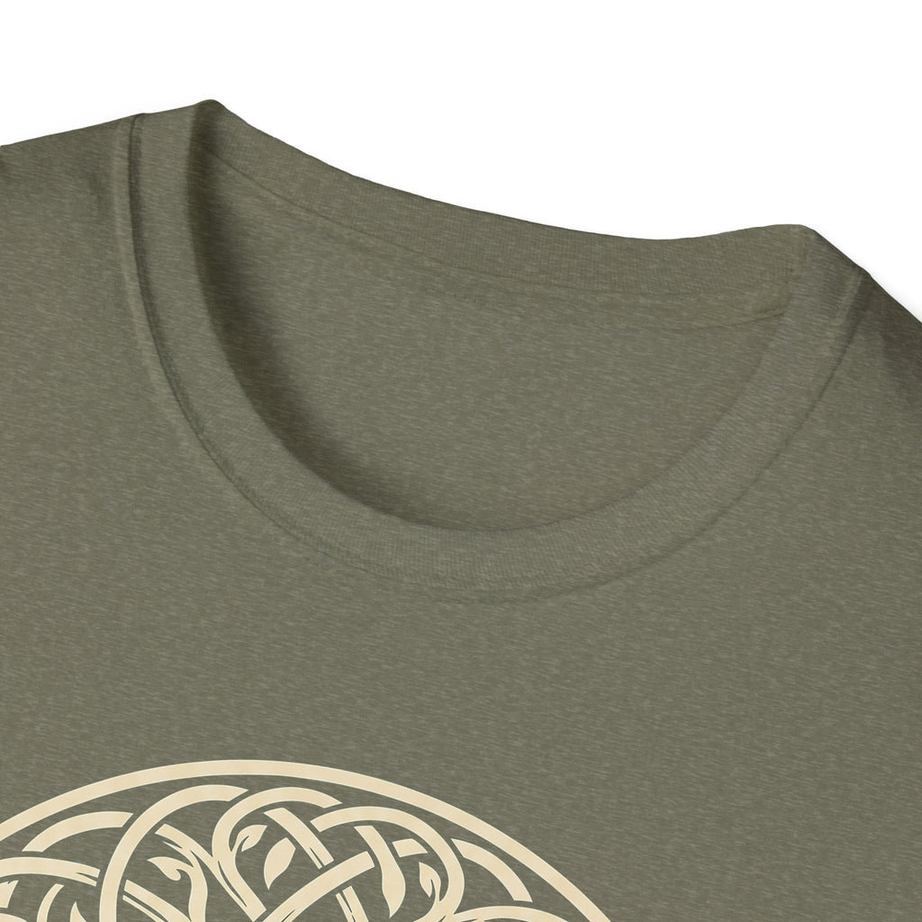 Olive green T-shirt neckline with partial Celtic knotwork circle graphic