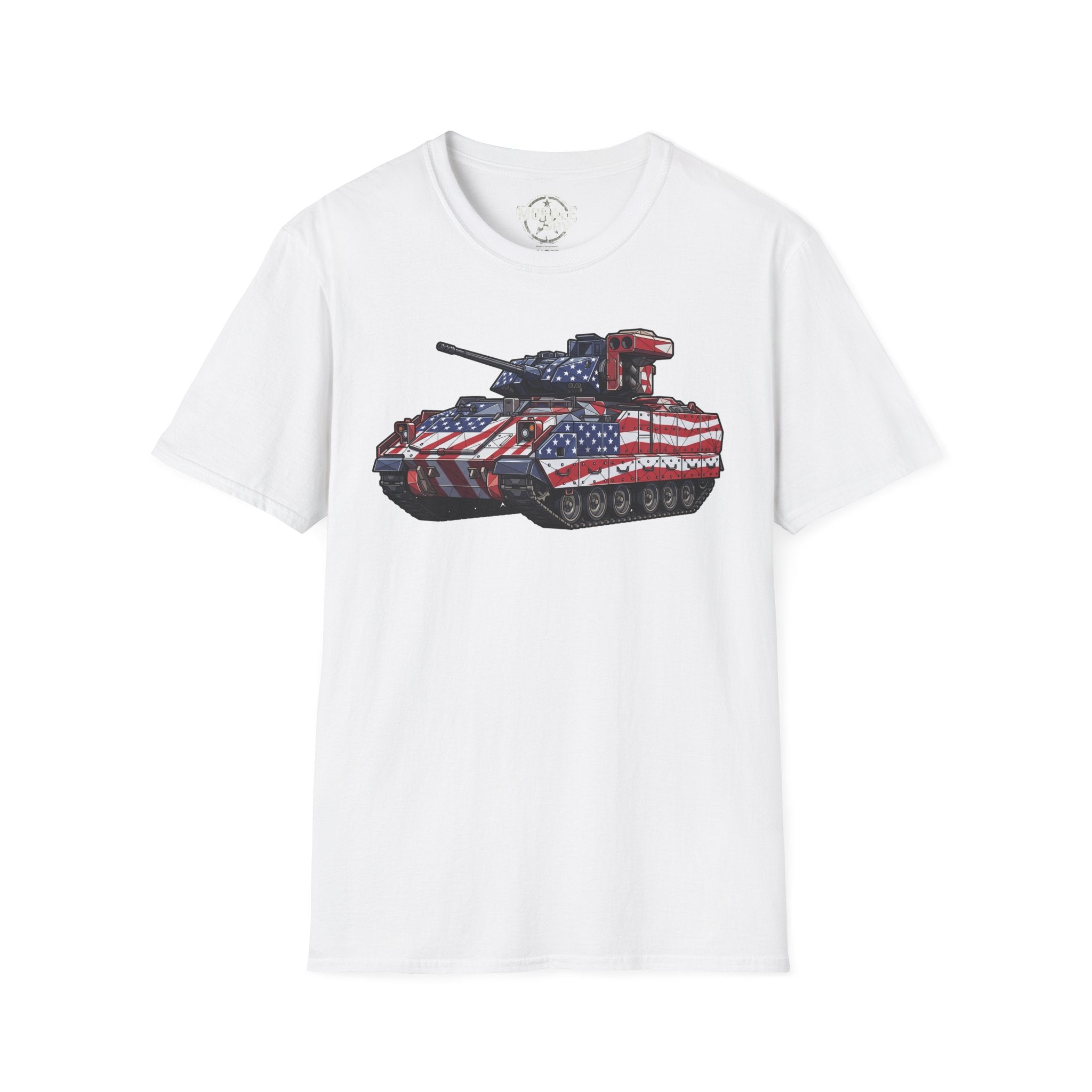 White T-shirt with American-flag military tank graphic on the chest