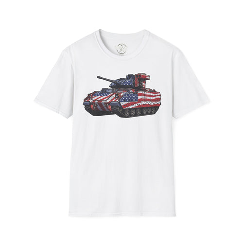 White T-shirt with American-flag military tank graphic on the chest
