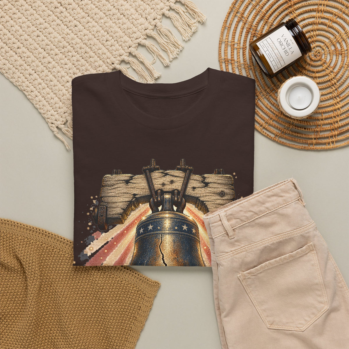 Charcoal short-sleeve crewneck T-shirt with patriotic liberty bell graphic.