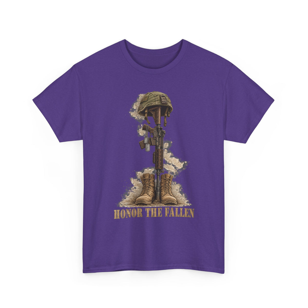Purple crew-neck T-shirt with fallen soldier helmet, rifle, boots graphic and “HONOR THE FALLEN”