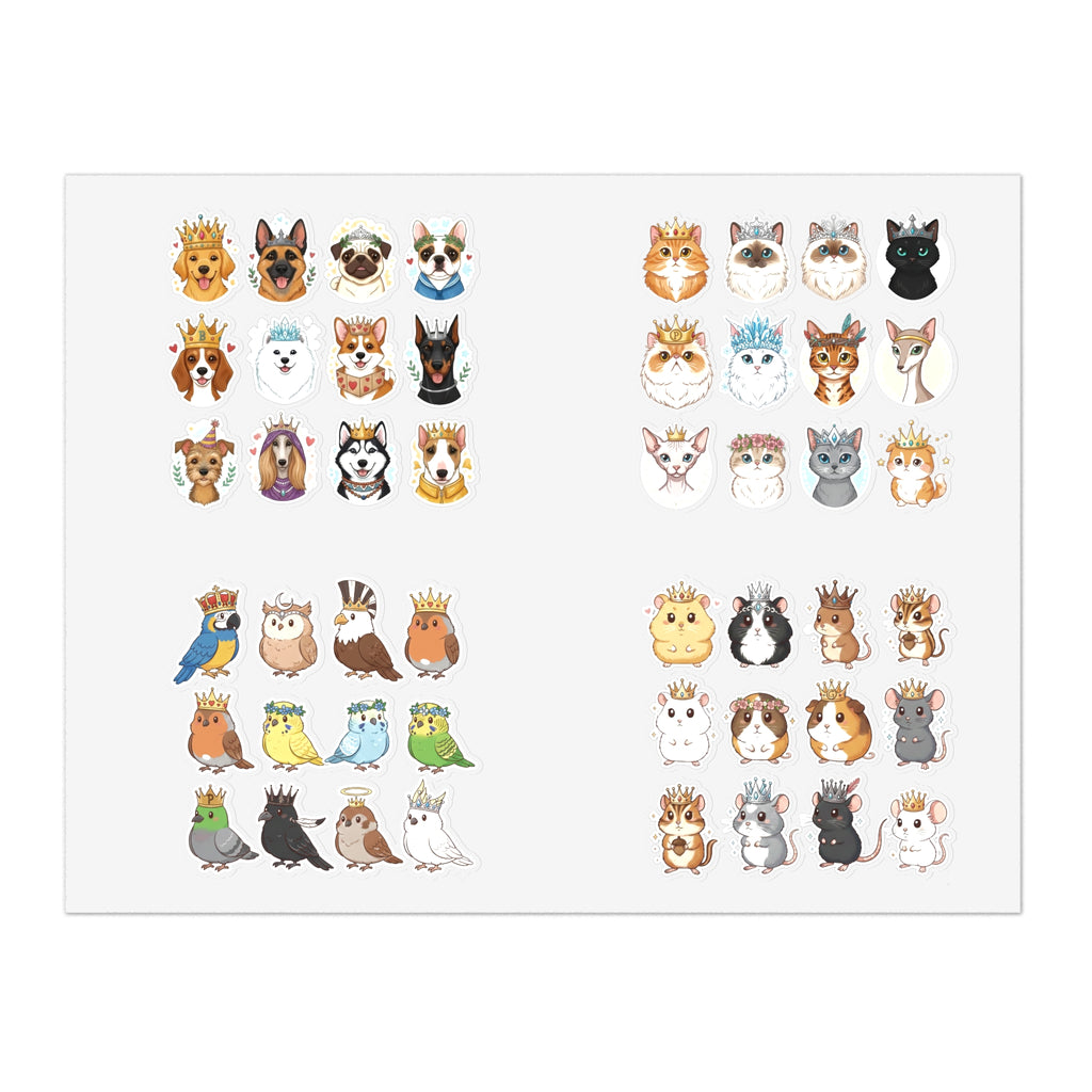 Royal Pets die-cut sticker sheet with cute dog and cat heads, assorted colors