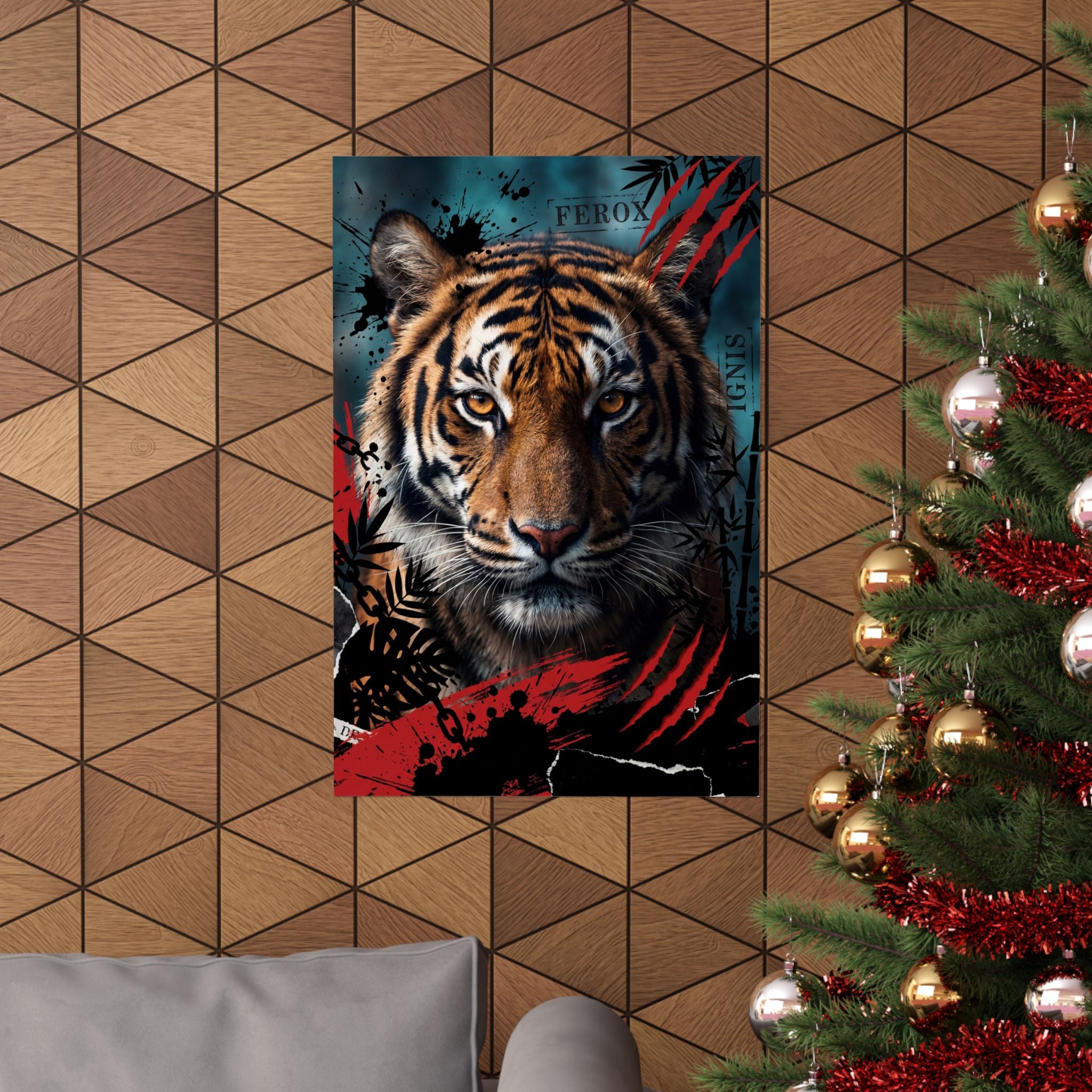Tiger wall art poster displayed on wall, big cat portrait with red splatter