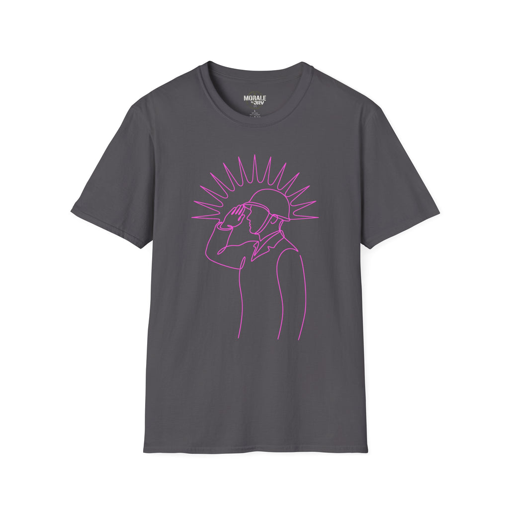 Charcoal T-shirt with minimal single-line man looking up graphic, magenta print