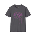Charcoal T-shirt with minimal single-line man looking up graphic, magenta print