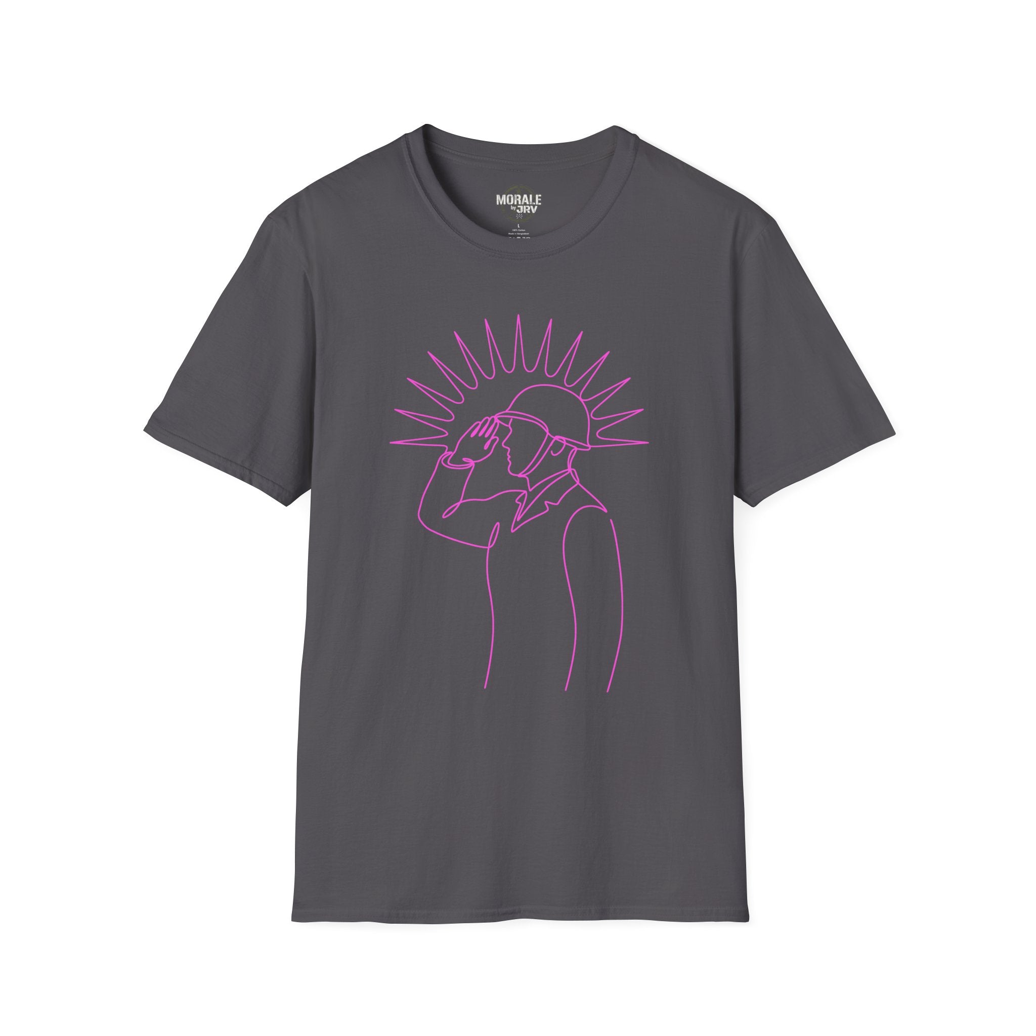 Charcoal T-shirt with minimal single-line man looking up graphic, magenta print