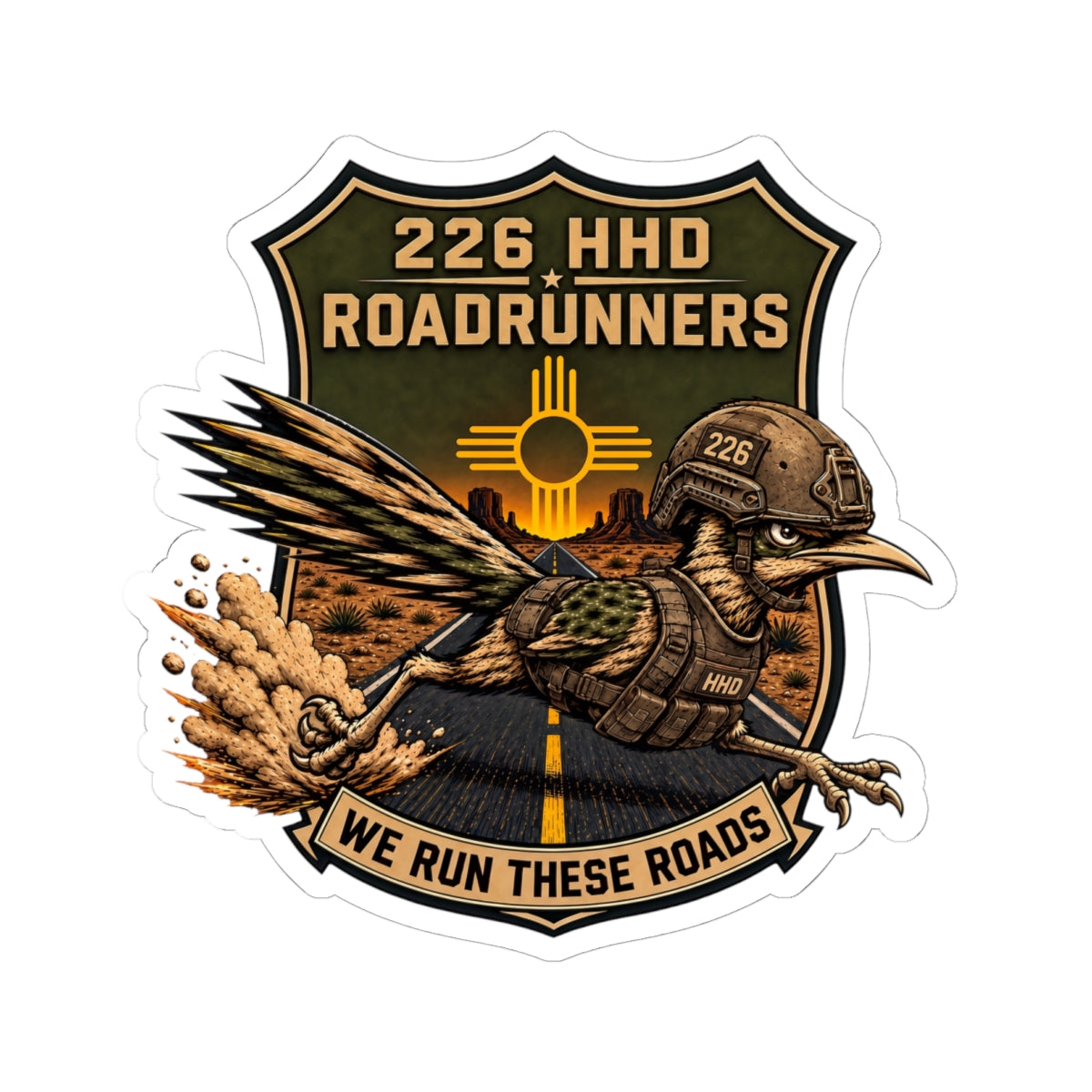 226 HHD Roadrunners Sticker — Military Unit Helmet Emblem (We Run These Roads)