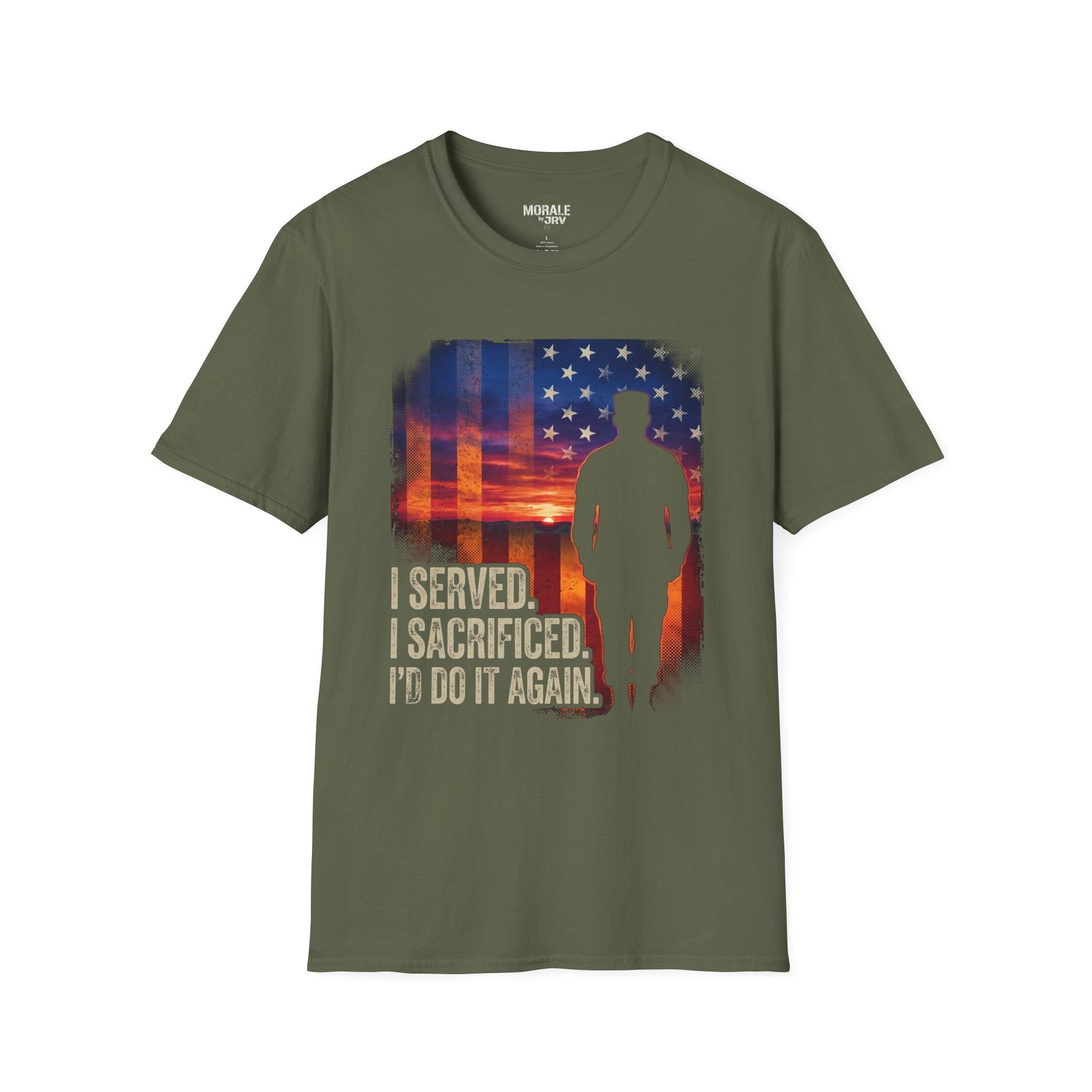 Military green crewneck T-shirt, soldier silhouette over American flag sunset graphic