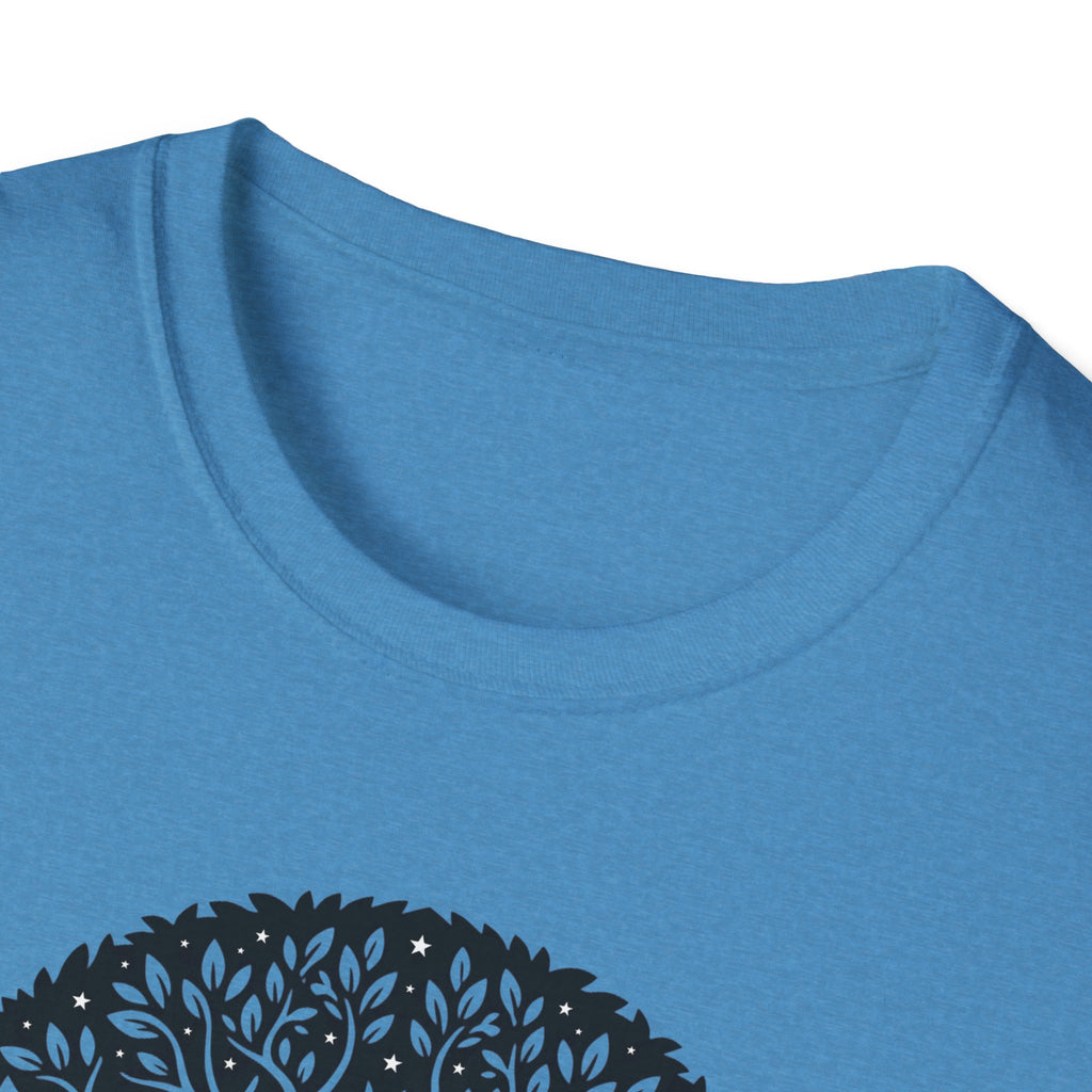 Heather Sapphire T-shirt, close-up neckline and top portion of tree graphic