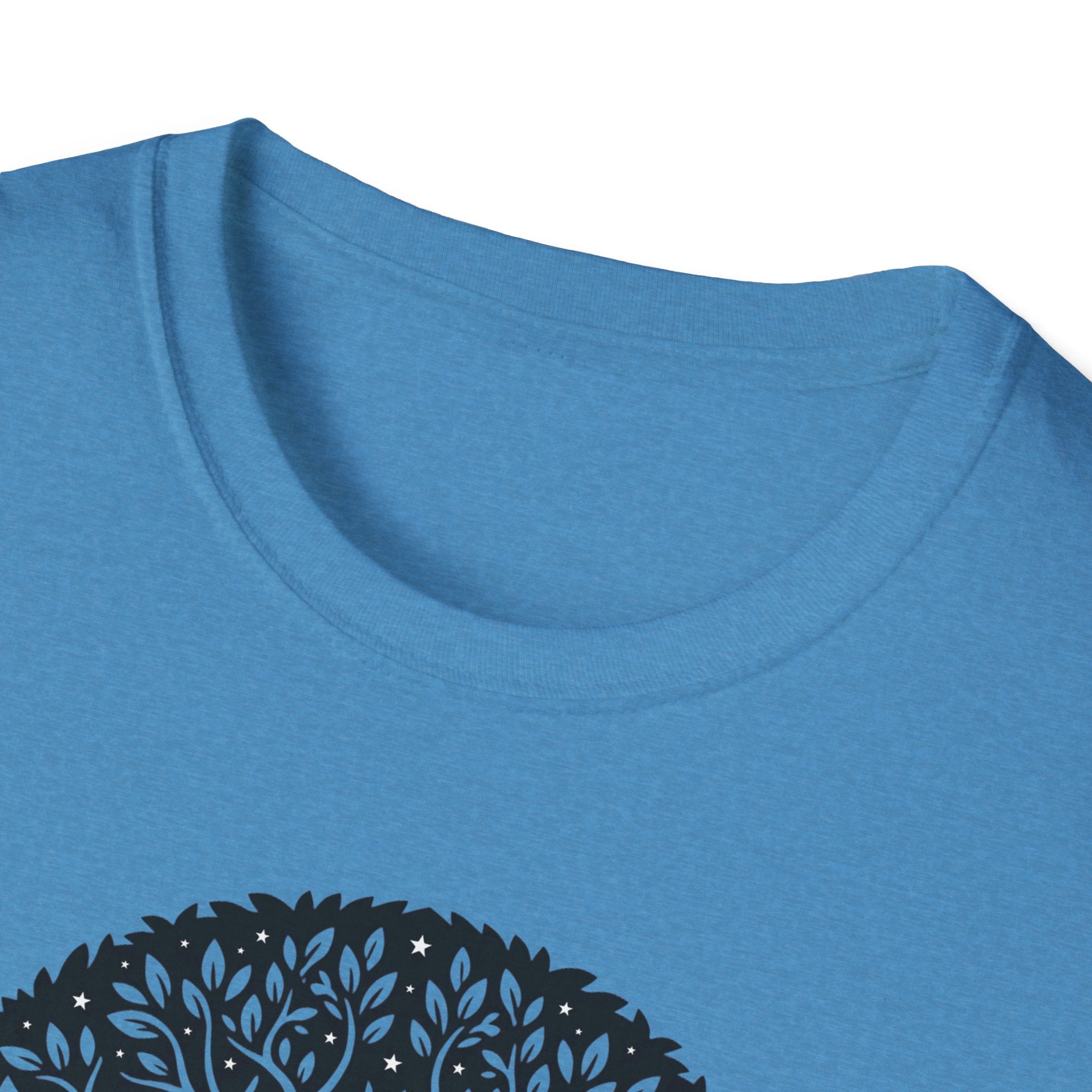 Heather Sapphire T-shirt, close-up neckline and top portion of tree graphic