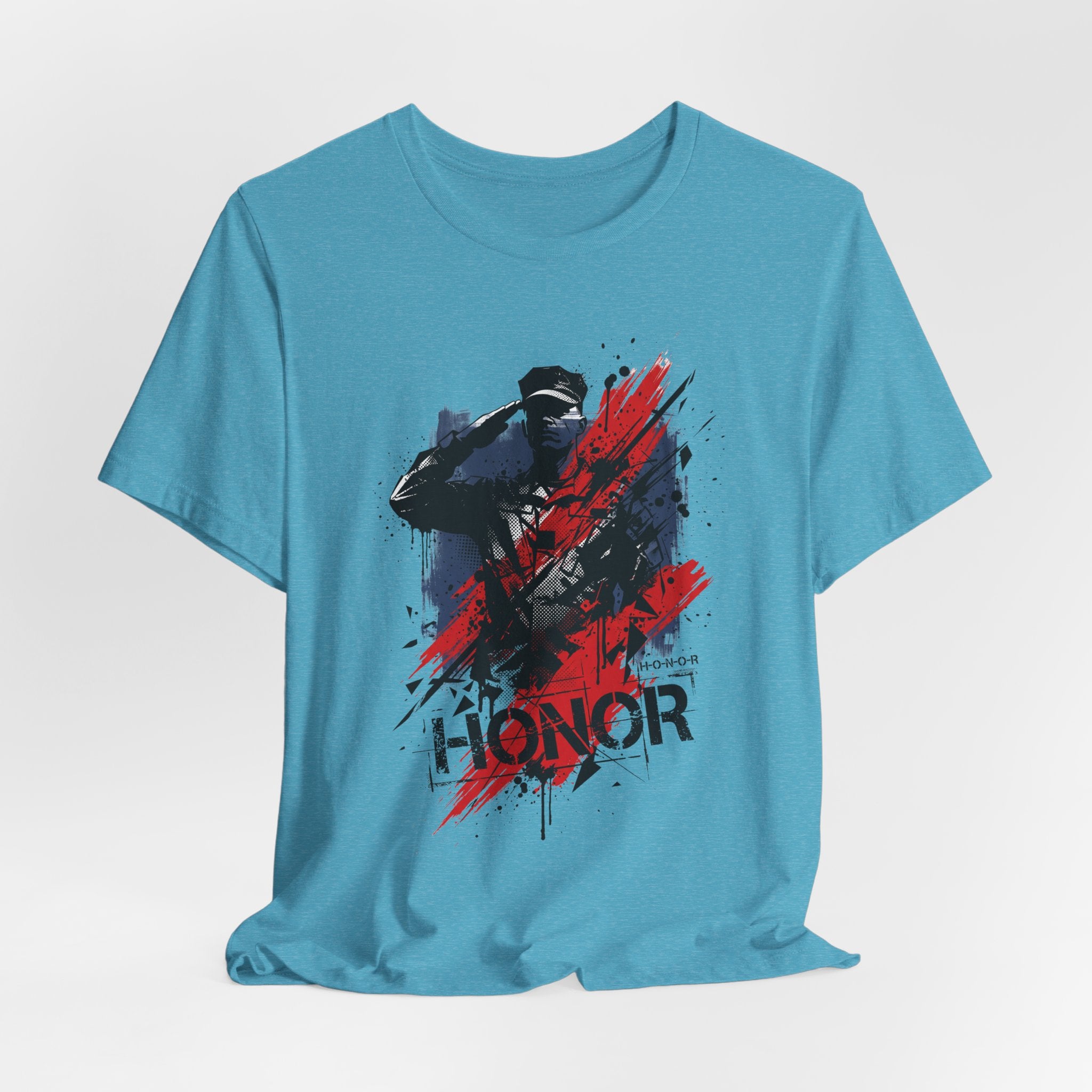 Light blue crewneck T-shirt featuring soldier silhouette graphic with red and black splatter.