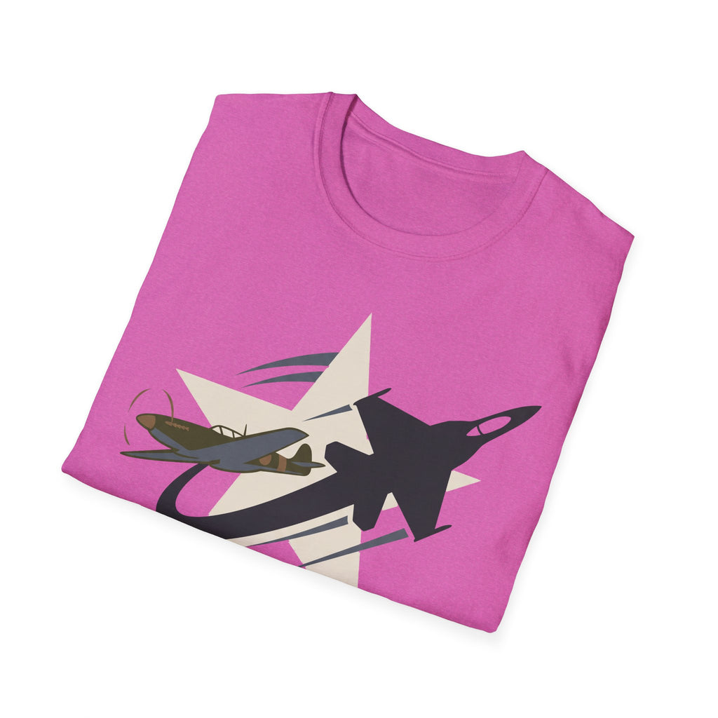 Bright pink crew-neck T-shirt with front graphic of military airplane and star