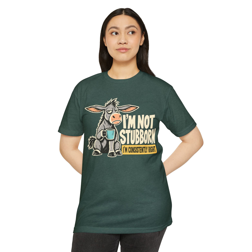 Dark green graphic T-shirt with donkey cartoon and bold text on front