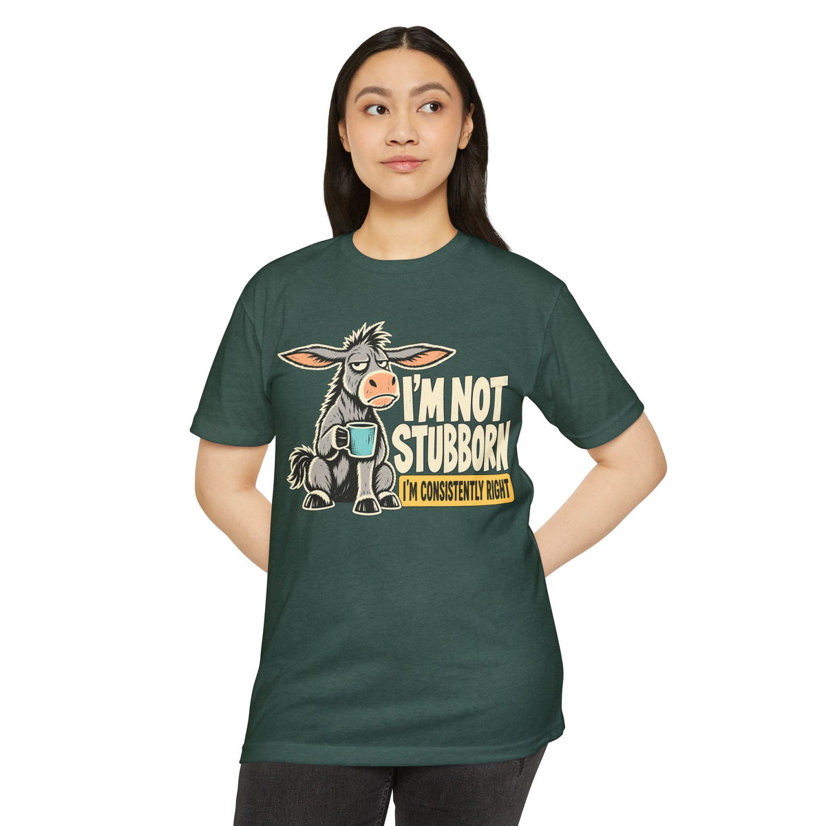 Dark green graphic T-shirt with donkey cartoon and bold text on front