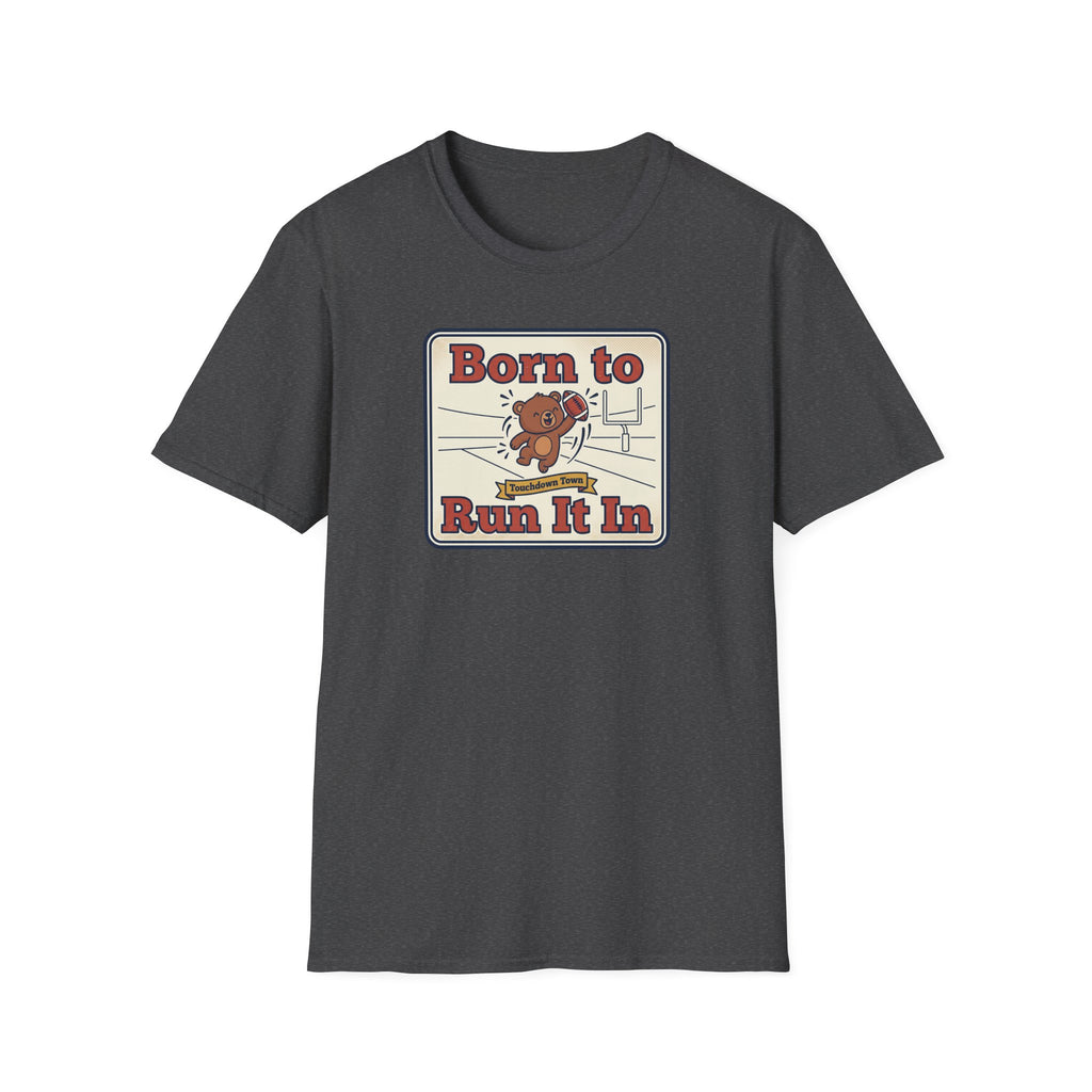 Charcoal gray graphic T-shirt with bear “Born to Run It In” print