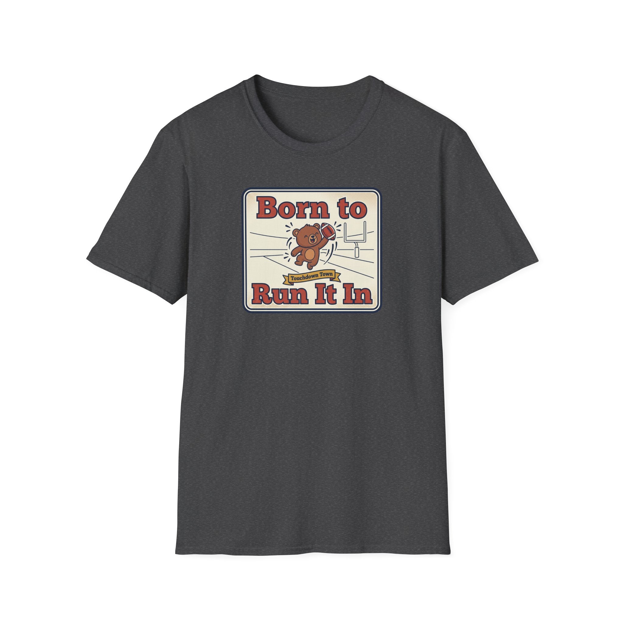 Charcoal gray graphic T-shirt with bear “Born to Run It In” print