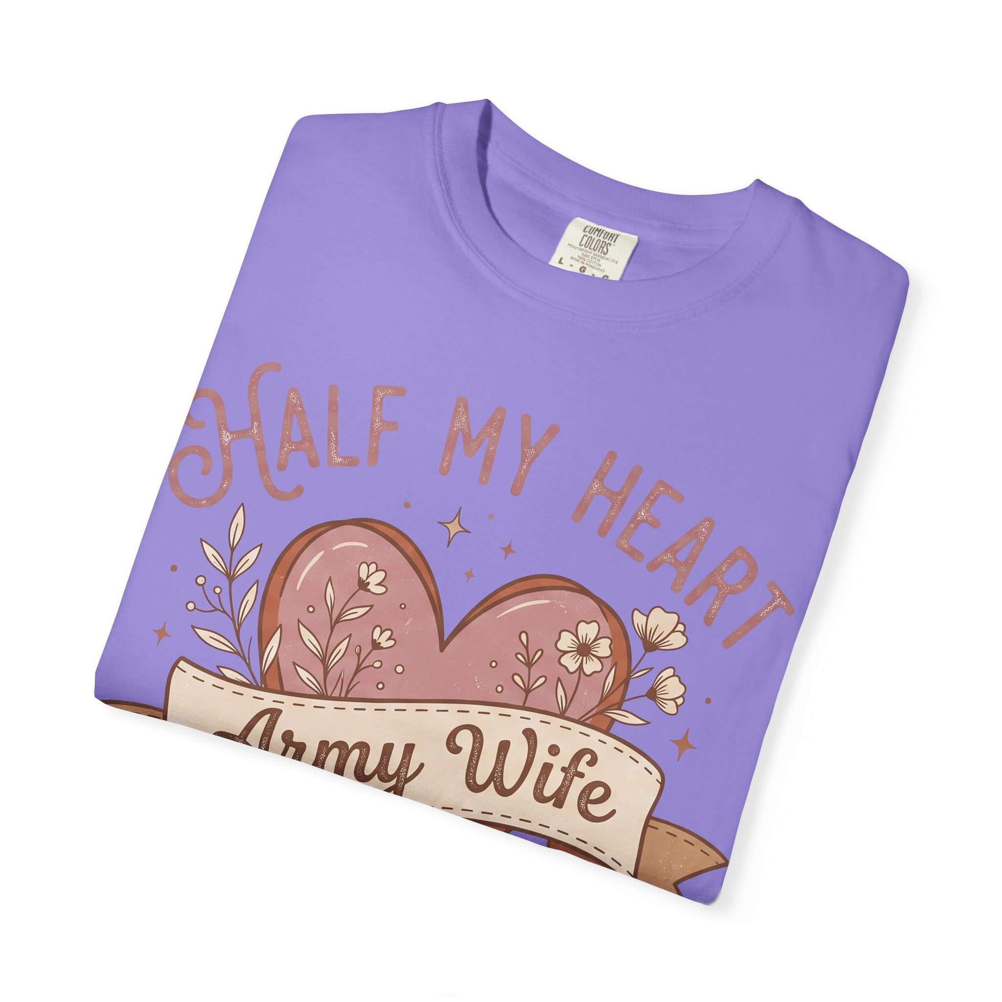 Light purple T-shirt with close-up heart graphic and “Army Wife” banner text