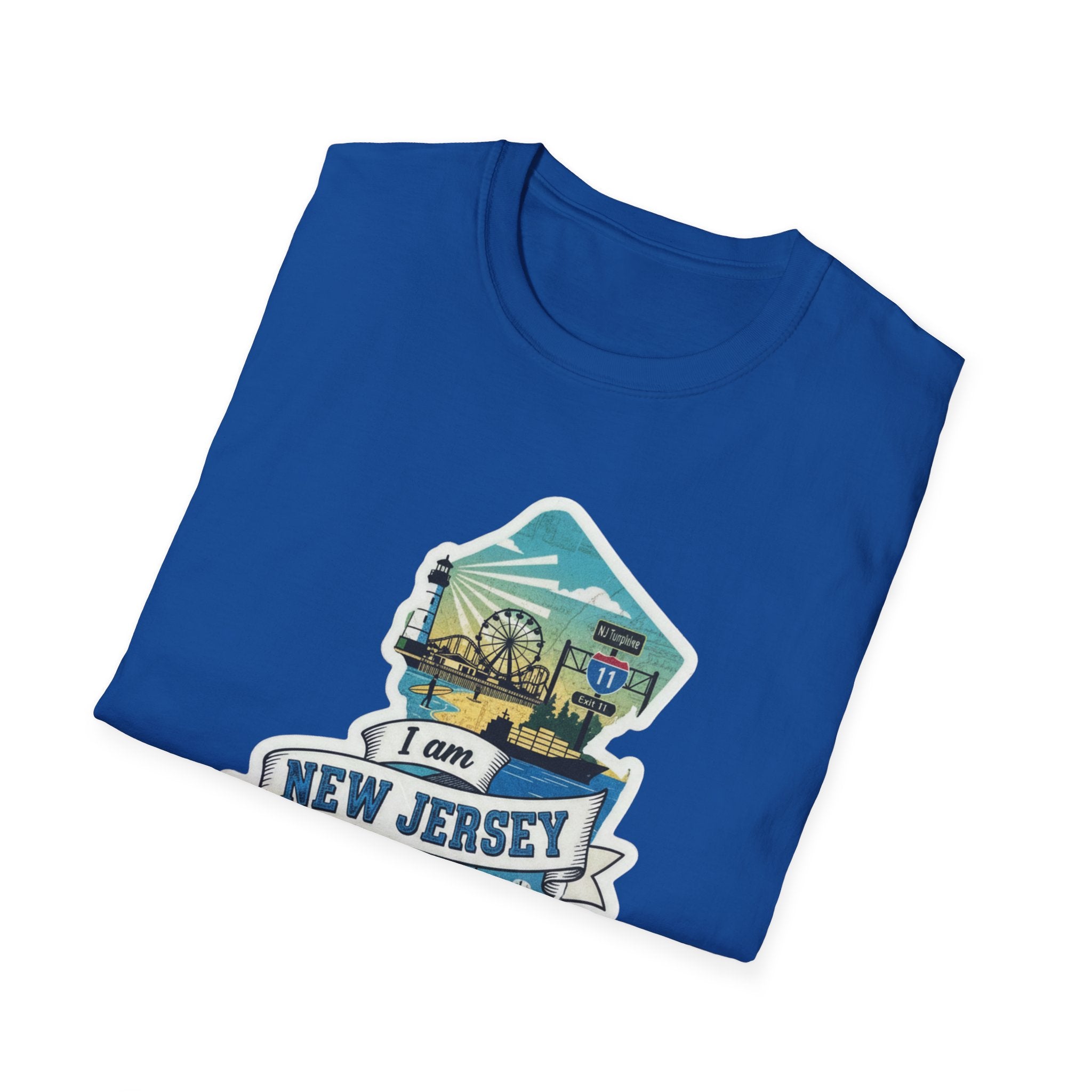 Royal blue T-shirt with “I am NEW JERSEY” skyline graphic, short sleeves.