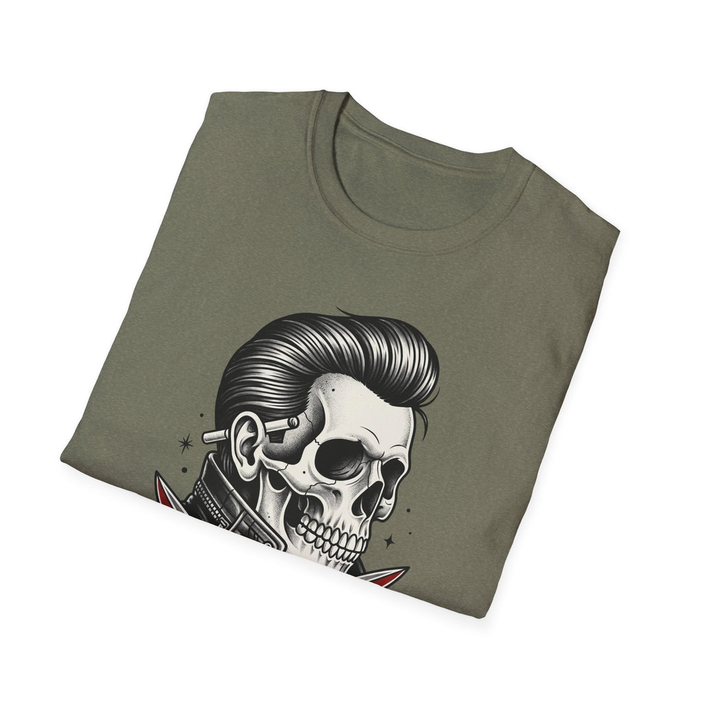Heather military green Rockabilly Rebel T-Shirt with skull and crossed razors tattoo art