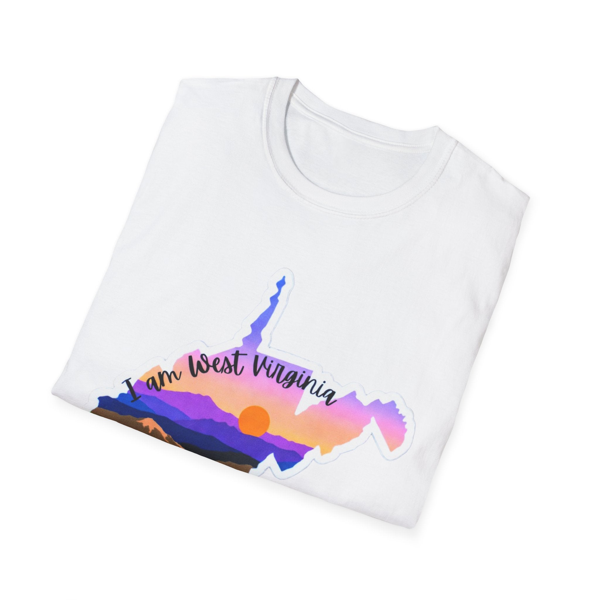 West Virginia sunset T-shirt folded, white with state silhouette mountain sunset graphic