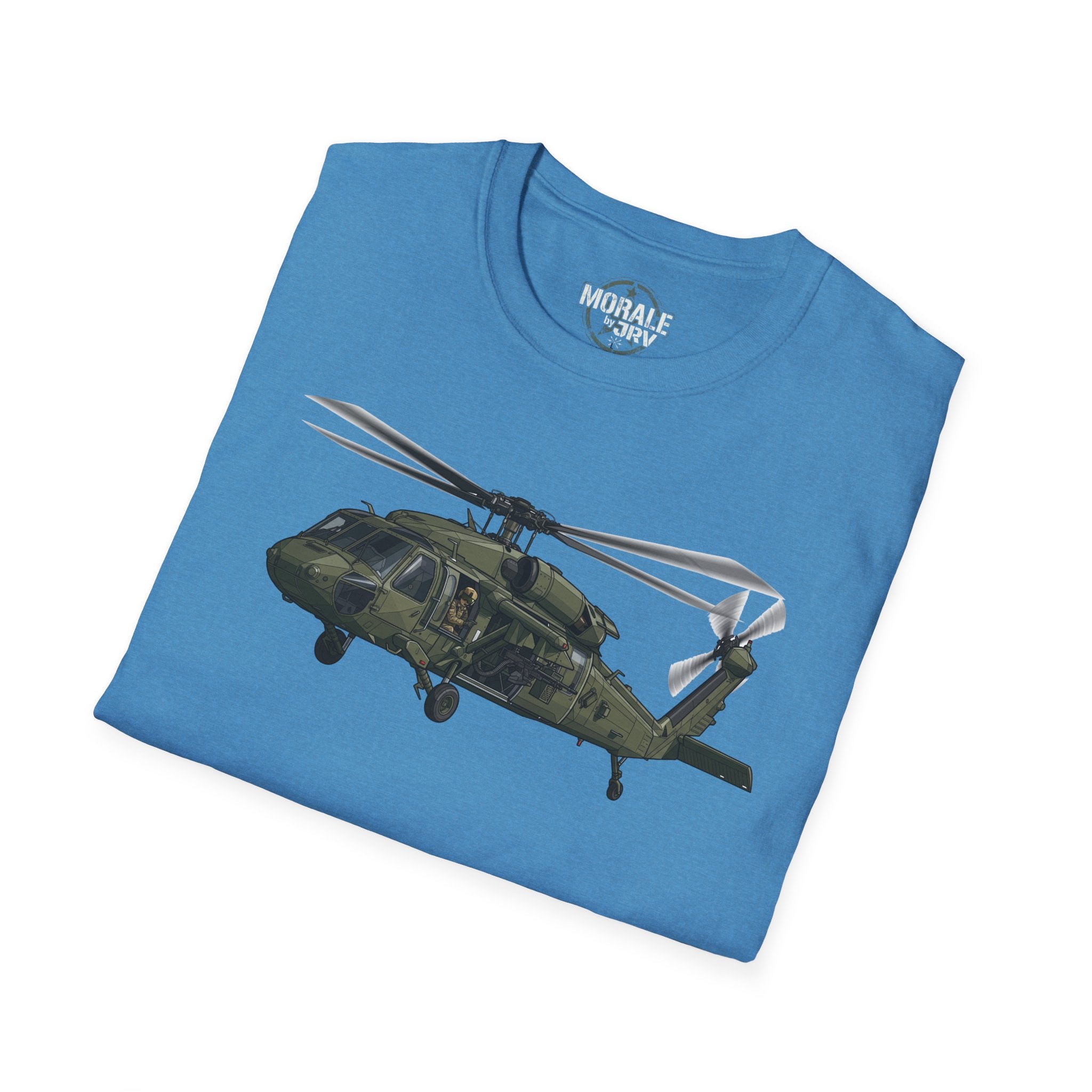 Light blue crew-neck T-shirt with printed military helicopter graphic across chest