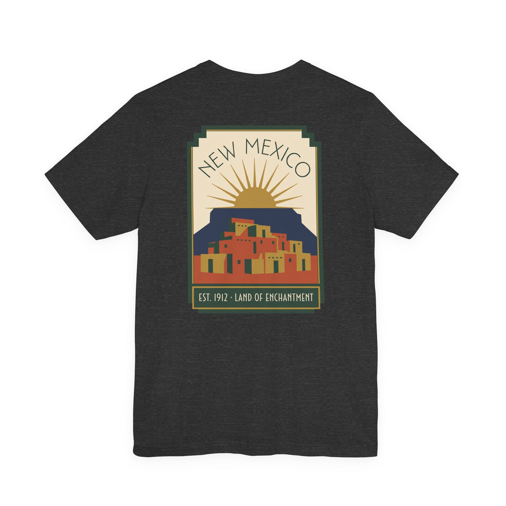 Dark charcoal T-shirt with New Mexico sunset Pueblo art graphic in a square frame