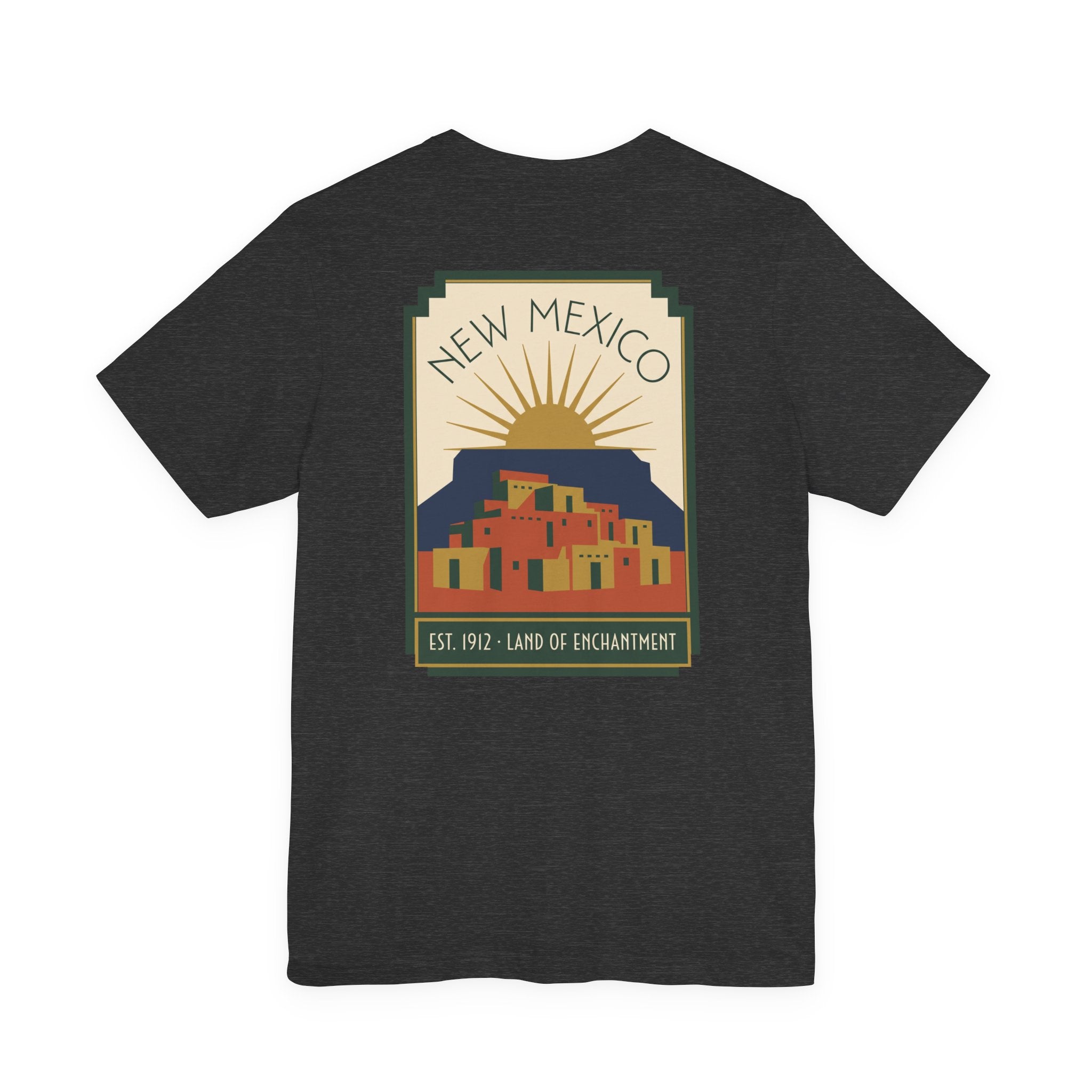 Dark charcoal T-shirt with New Mexico sunset Pueblo art graphic in a square frame