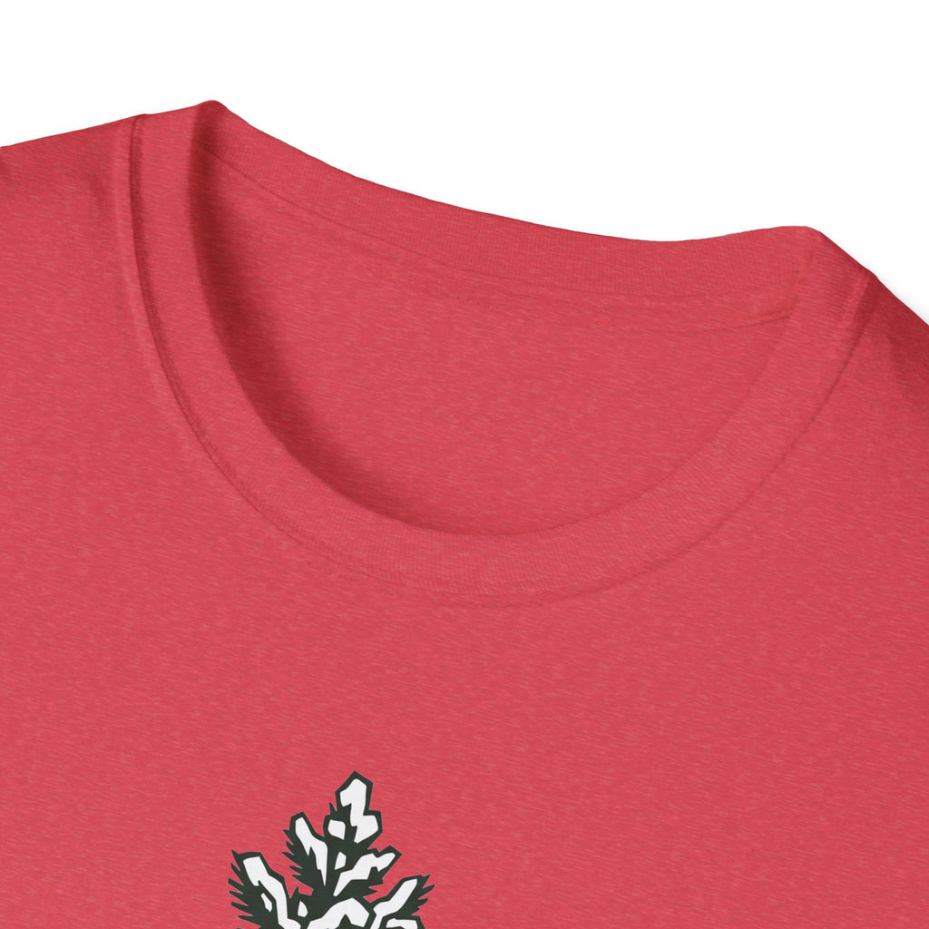 Red T-shirt with crew neck and partial snowy pine tree graphic
