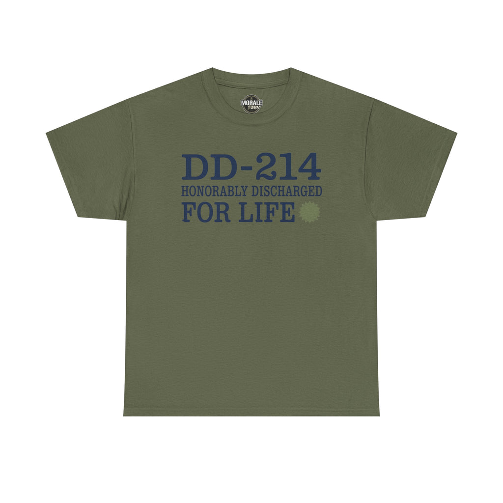 Military green T-shirt with DD-214 Honorable Discharged For Life front graphic