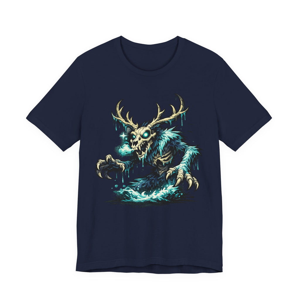Dark navy crewneck t-shirt with teal glow deer skull monster graphic