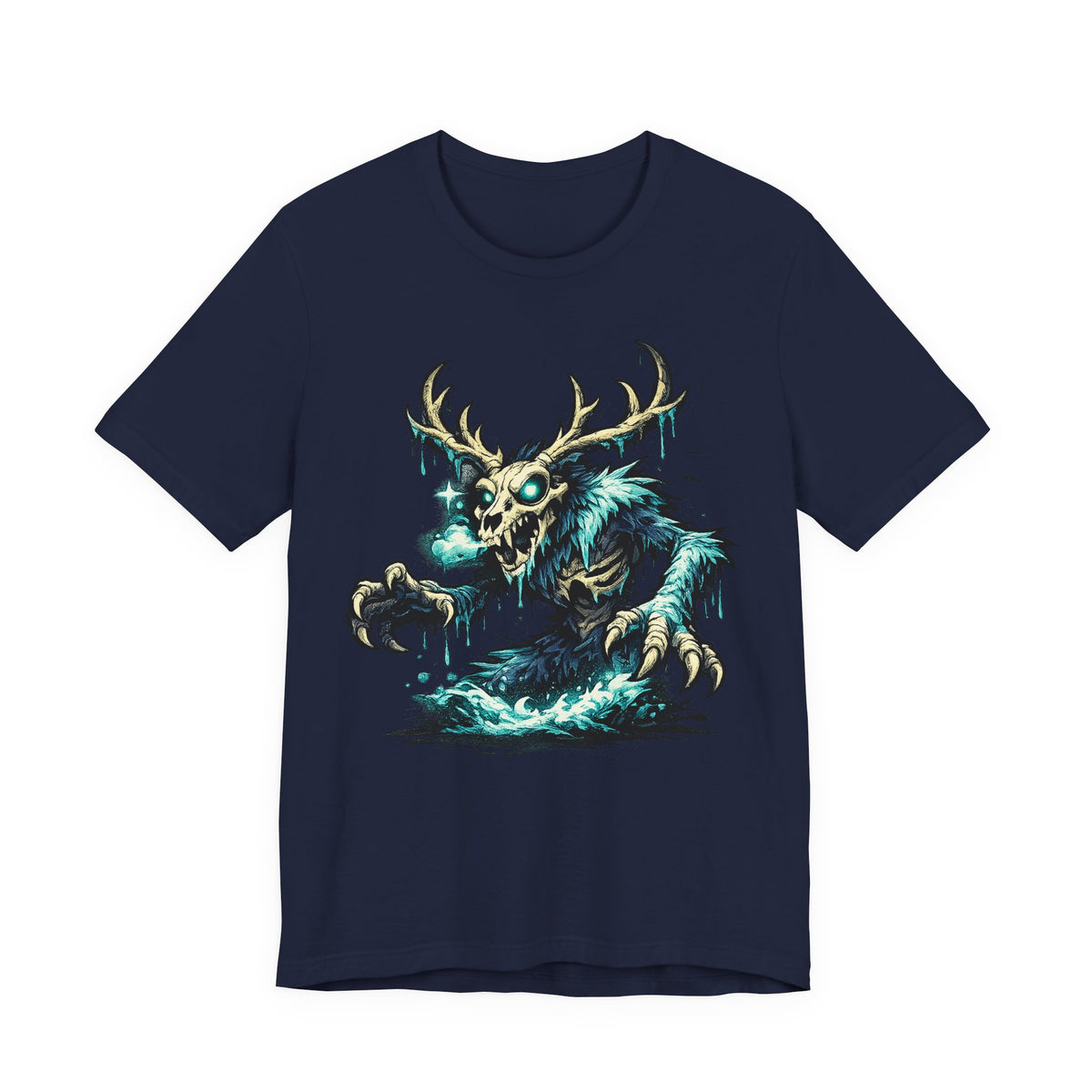 Dark navy crewneck t-shirt with teal glow deer skull monster graphic