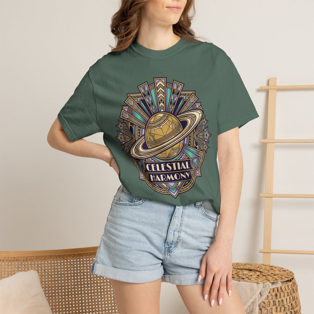 Celestial graphic T-shirt in forest green with “CELESTIAL HARMONY” text.