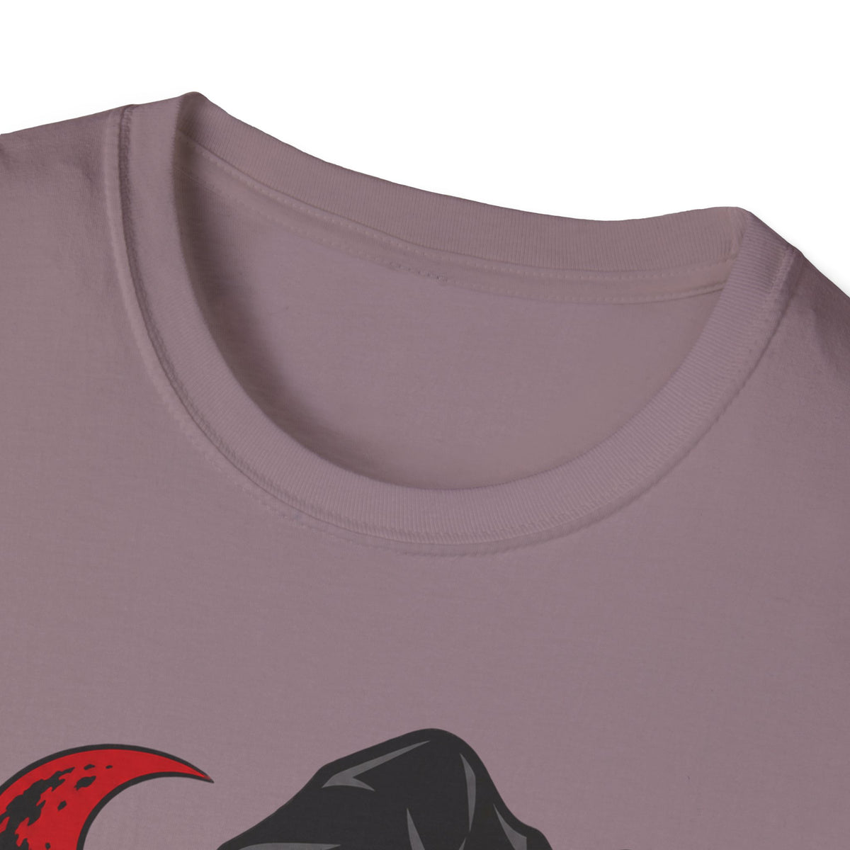 Heather mauve t-shirt close-up showing crew neck and partial witch face graphic