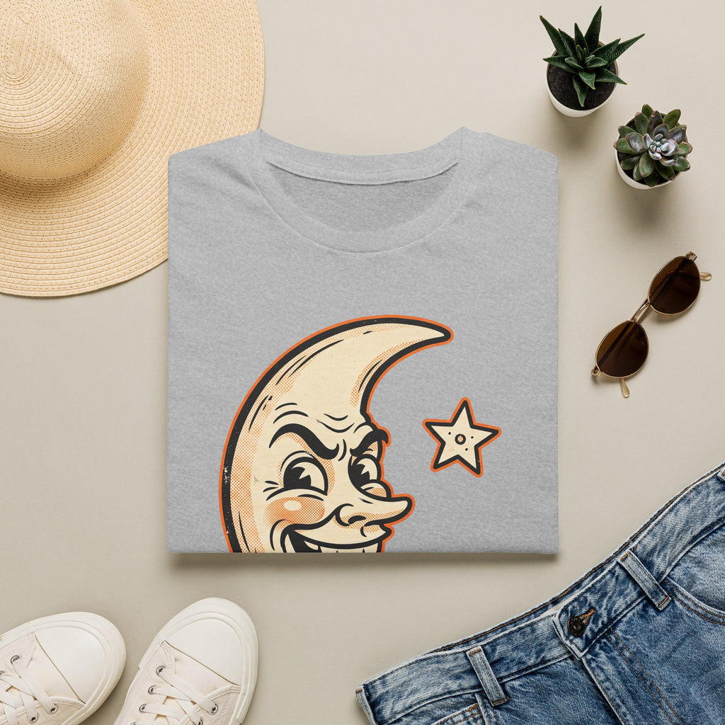 Light gray short-sleeve crewneck T-shirt with crescent moon and star face graphic