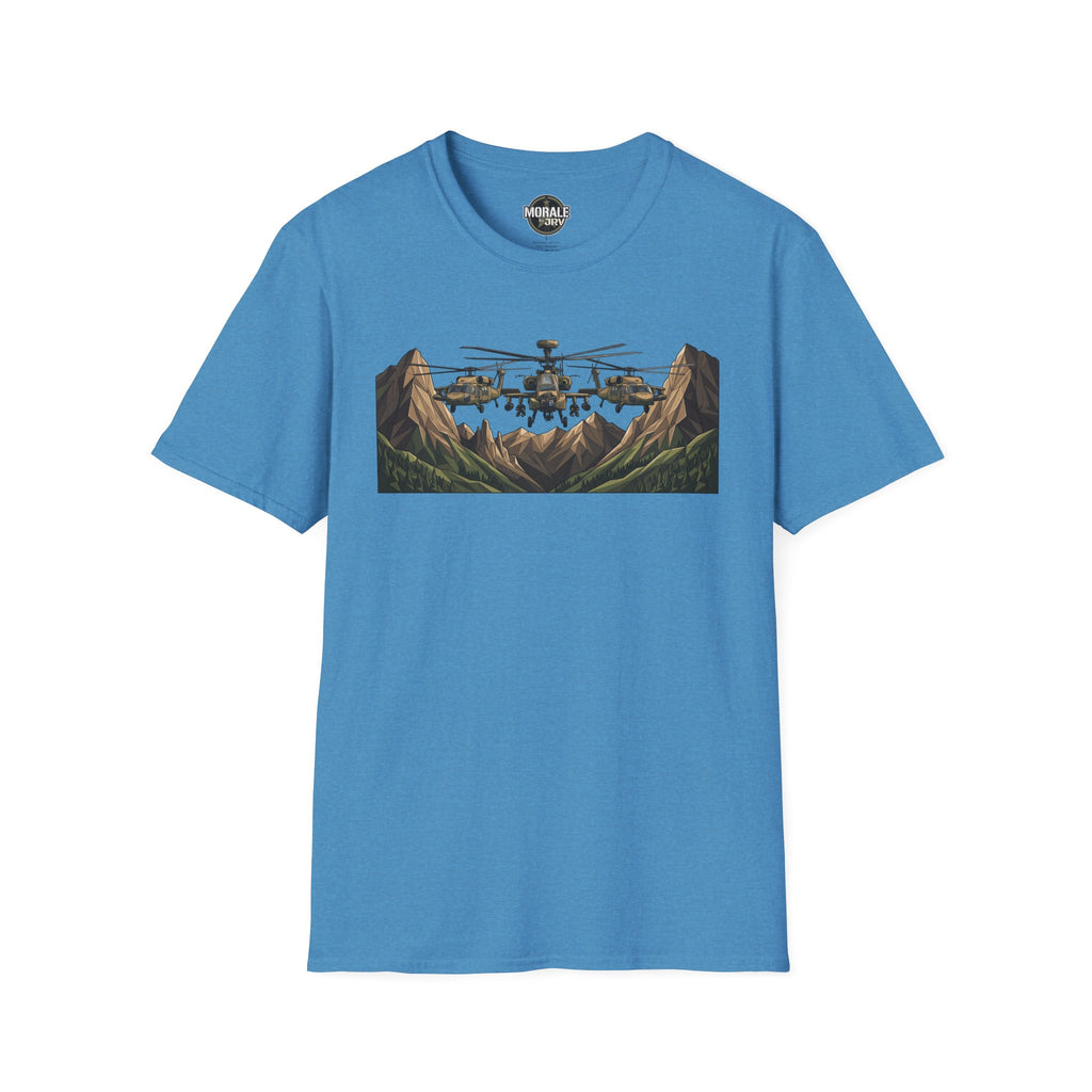 Military helicopter landscape graphic T-shirt, blue, front graphic on chest
